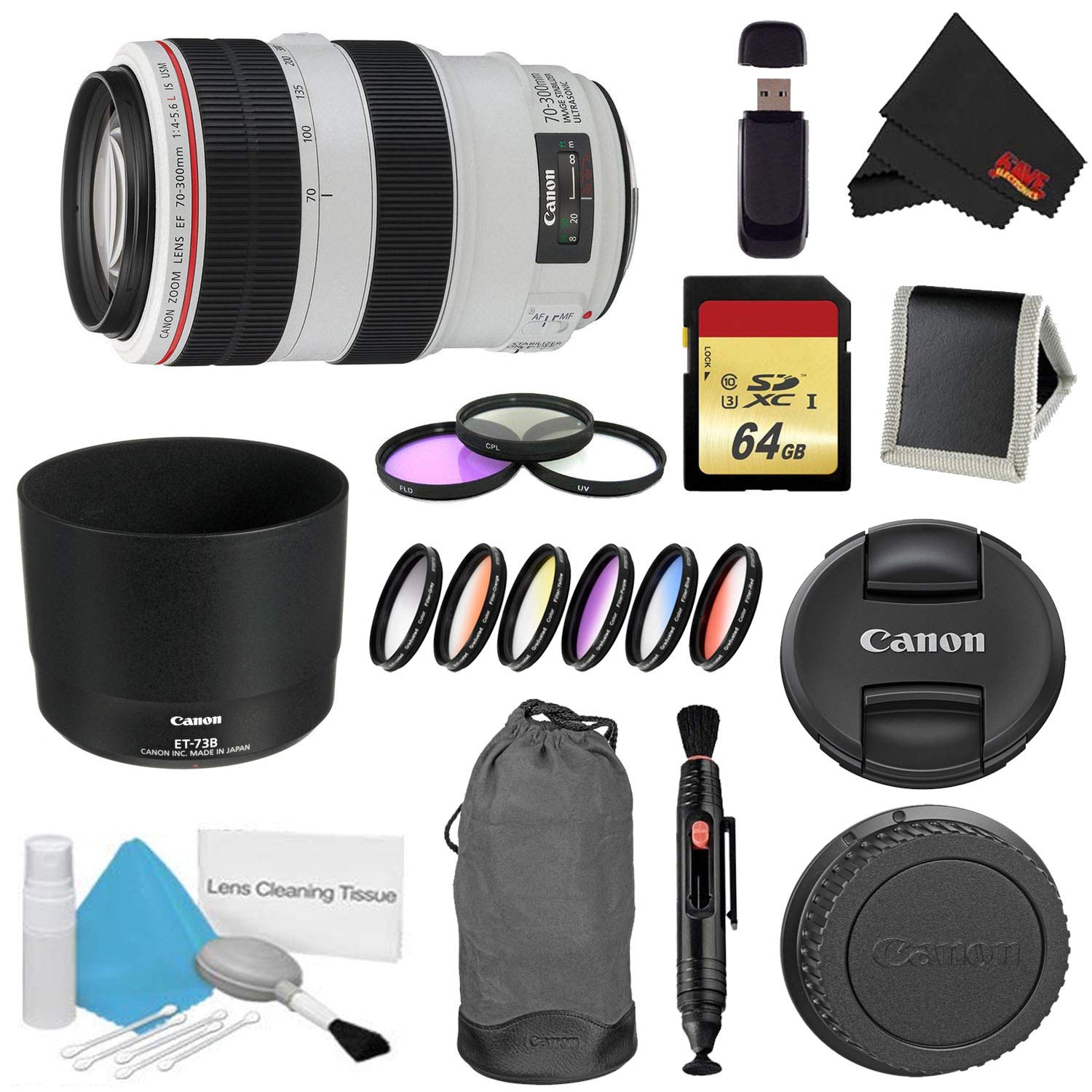 Canon EF 70-300mm f/4-5.6L is USM Lens Bundle w/ 64GB Memory Card + Accessories, 3 Piece Filter Kit Color Multicoated 6