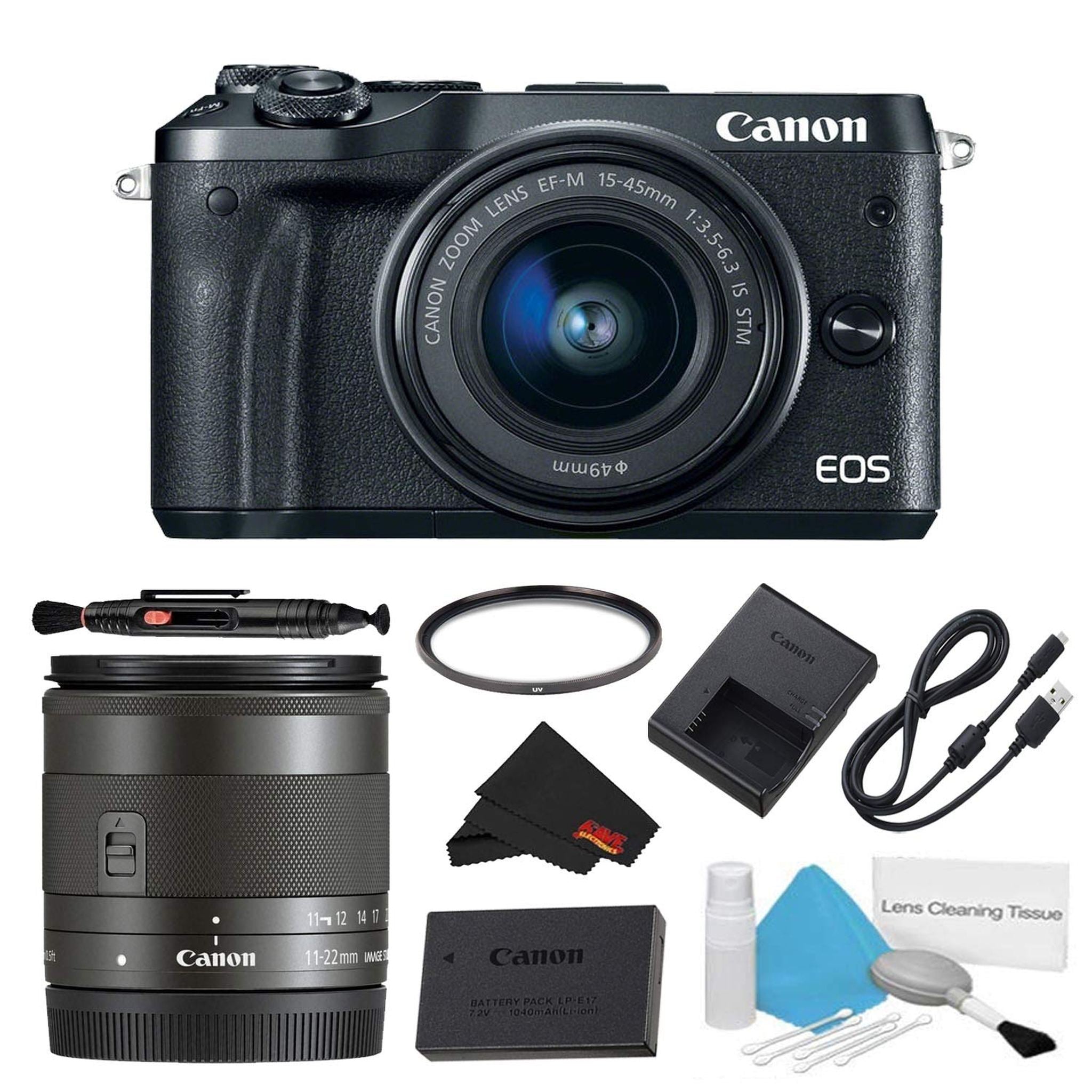 Canon EOS M6 Mirrorless Digital Camera with 15-45mm Lens Black Basic Bundle w/Bonus EF-M 11-22MM Lens - International Canon