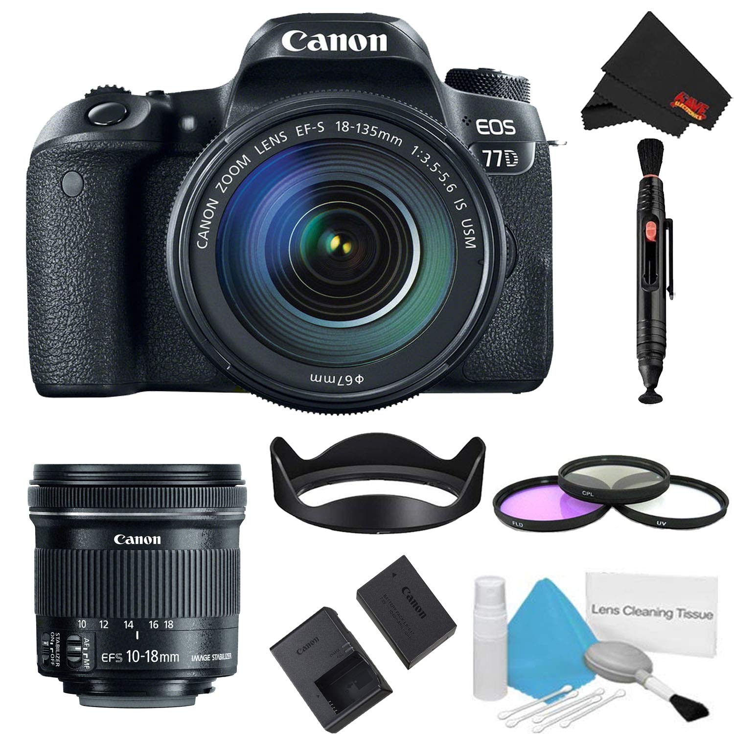 Canon EOS 77D DSLR Camera with 18-135mm Lens Bundle w/ 3 Piece Filter Kit + Bonus 10-18mm Lens International Model