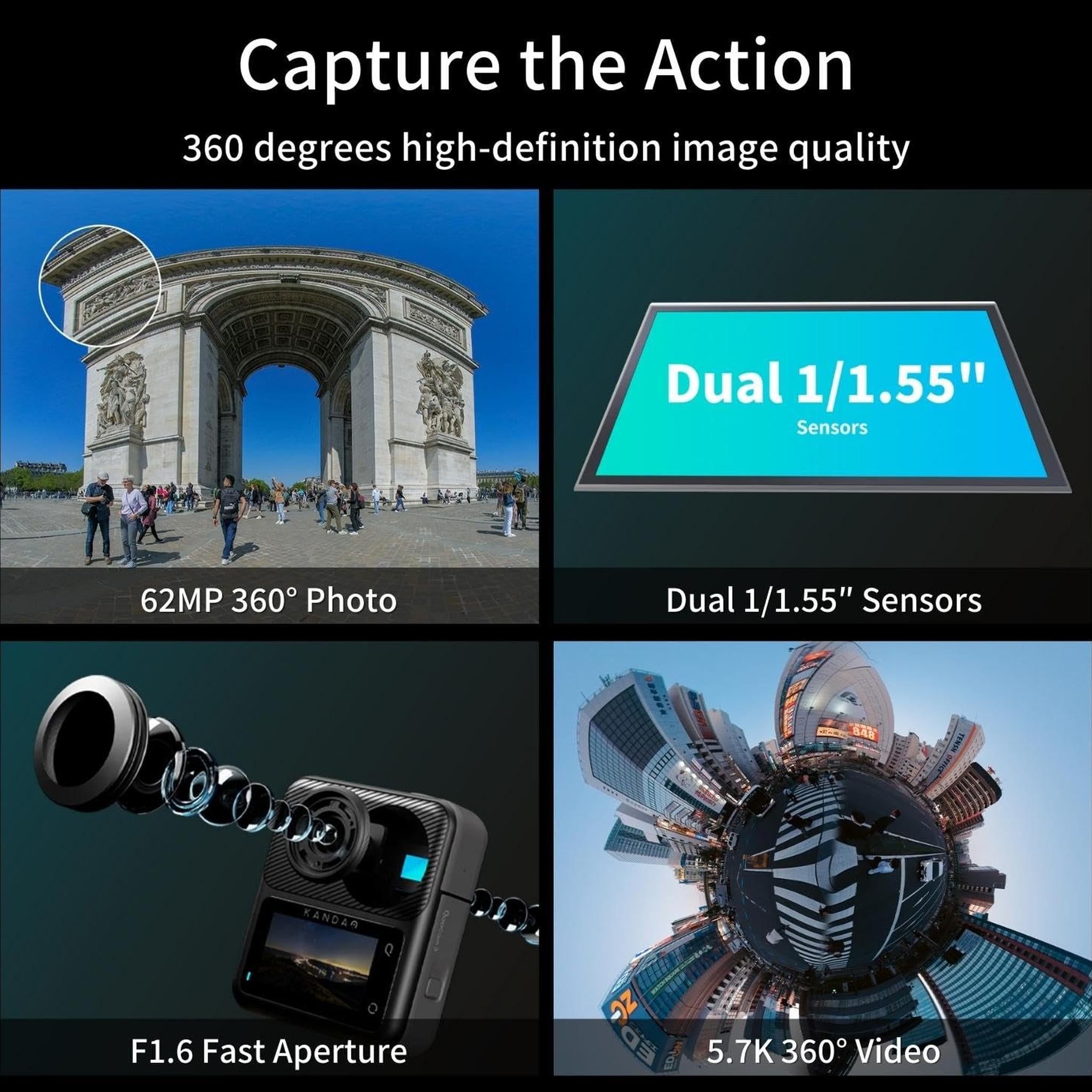 KanDao QooCam 3 360 Action Camera, 5.7K 62MP 360 Sports Camera, Dual 1/1.55" Sensors Larger Aperture Camera, 60fps Flawless Video Camera, Outdoor Stabilization Waterproof Night Shot, Motorcycle Combo