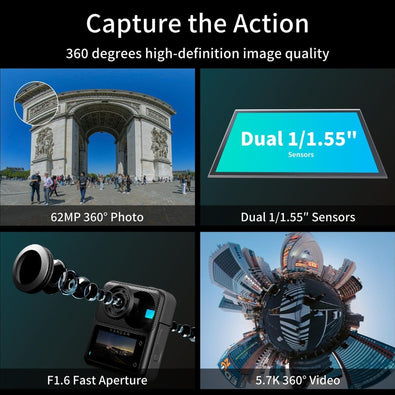 KanDao QooCam 3 360 Action Camera, 5.7K 62MP 360 Sports Camera, Dual 1/1.55" Sensors Larger Aperture Camera, 60fps Flawless Video Camera, Outdoor Stabilization Waterproof Night Shot, Motorcycle Combo