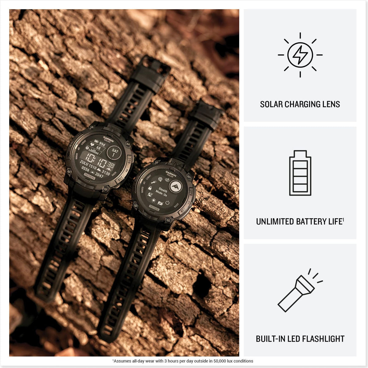 Garmin Instinct® 3 Tactical Edition, 50mm, Solar Charged Display, Rugged Outdoor GPS Smartwatch