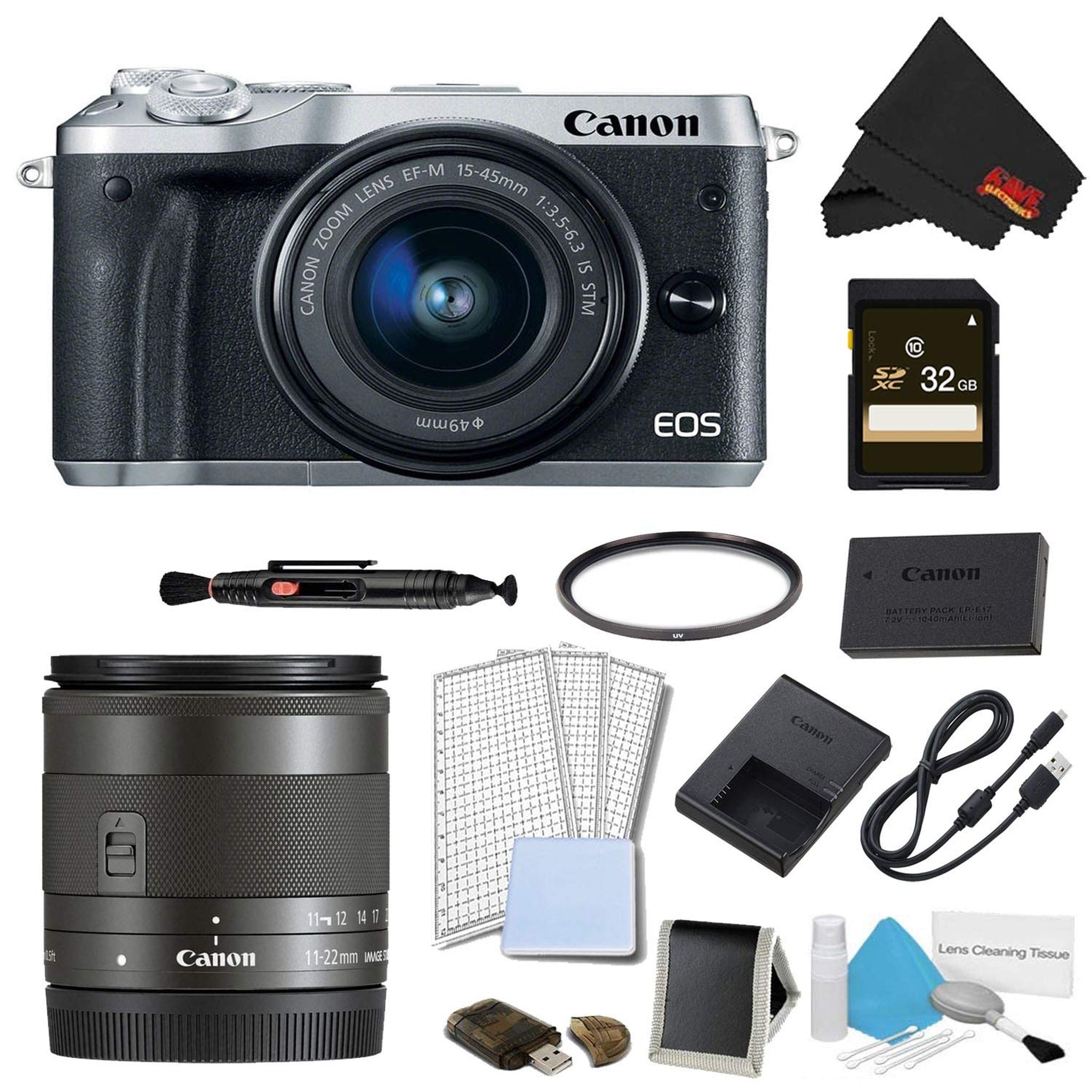 Canon EOS M6 Mirrorless Digital Camera with 15-45mm Lens Silver Advanced Bundle w/Bonus EF-M 11-22MM Lens - Internatio Canon