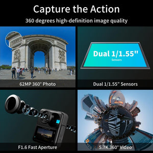 KanDao QooCam 3 360 Action Camera, 5.7K 62MP 360 Sports Camera, Dual 1/1.55" Sensors Larger Aperture Camera, 60fps Flawless Video Camera, Outdoor Stabilization Waterproof Night Shot, Travel Combo KanDao