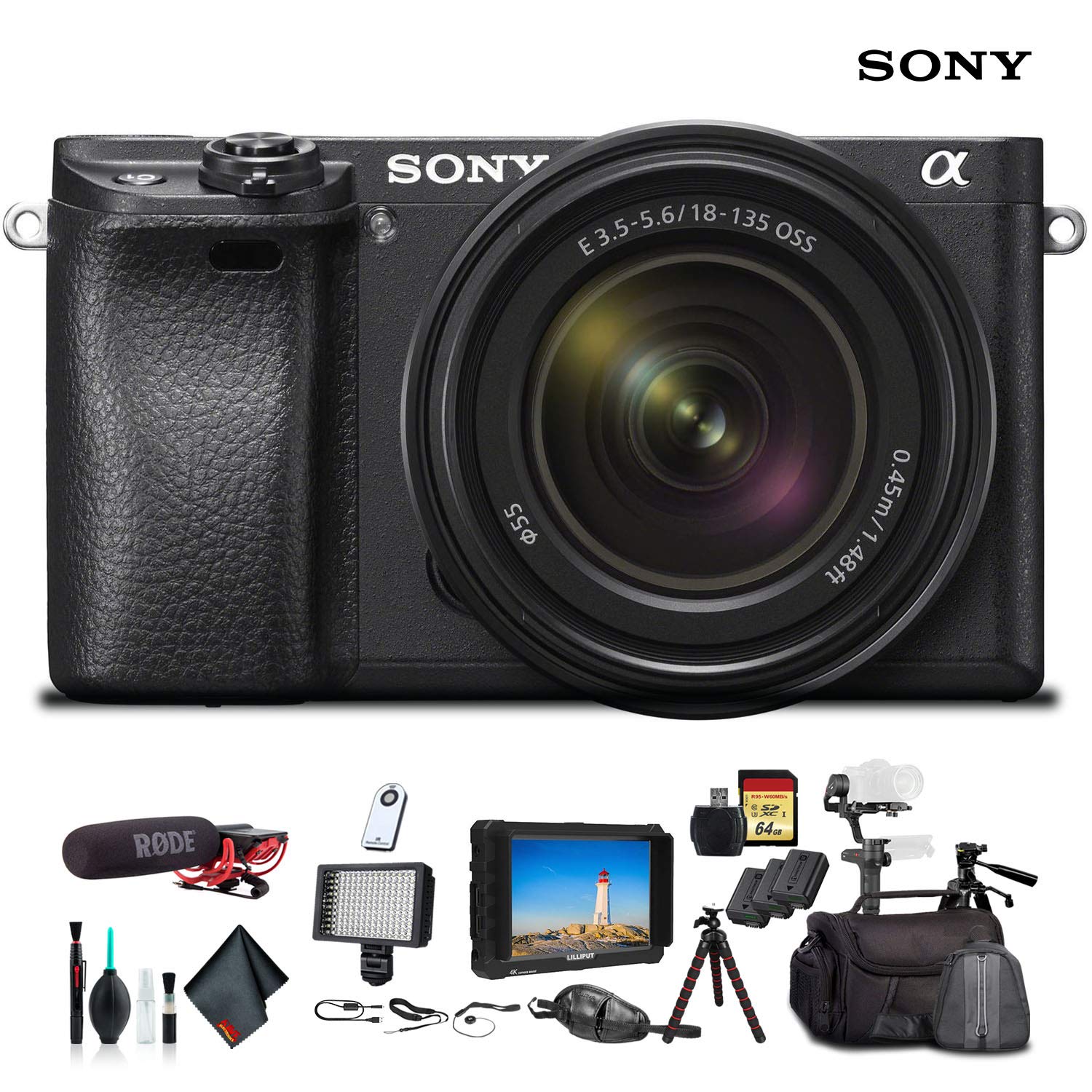 Sony Alpha a6300 Mirrorless Camera with 18-135mm Lens With Soft Bag, Zhiyun-Tech WEEBILL Stabilizer, 2x Extra Batteries, Rode Mic, LED Light, 2x 64GB Cards, 4K Monitor , Plus Essential Accessories