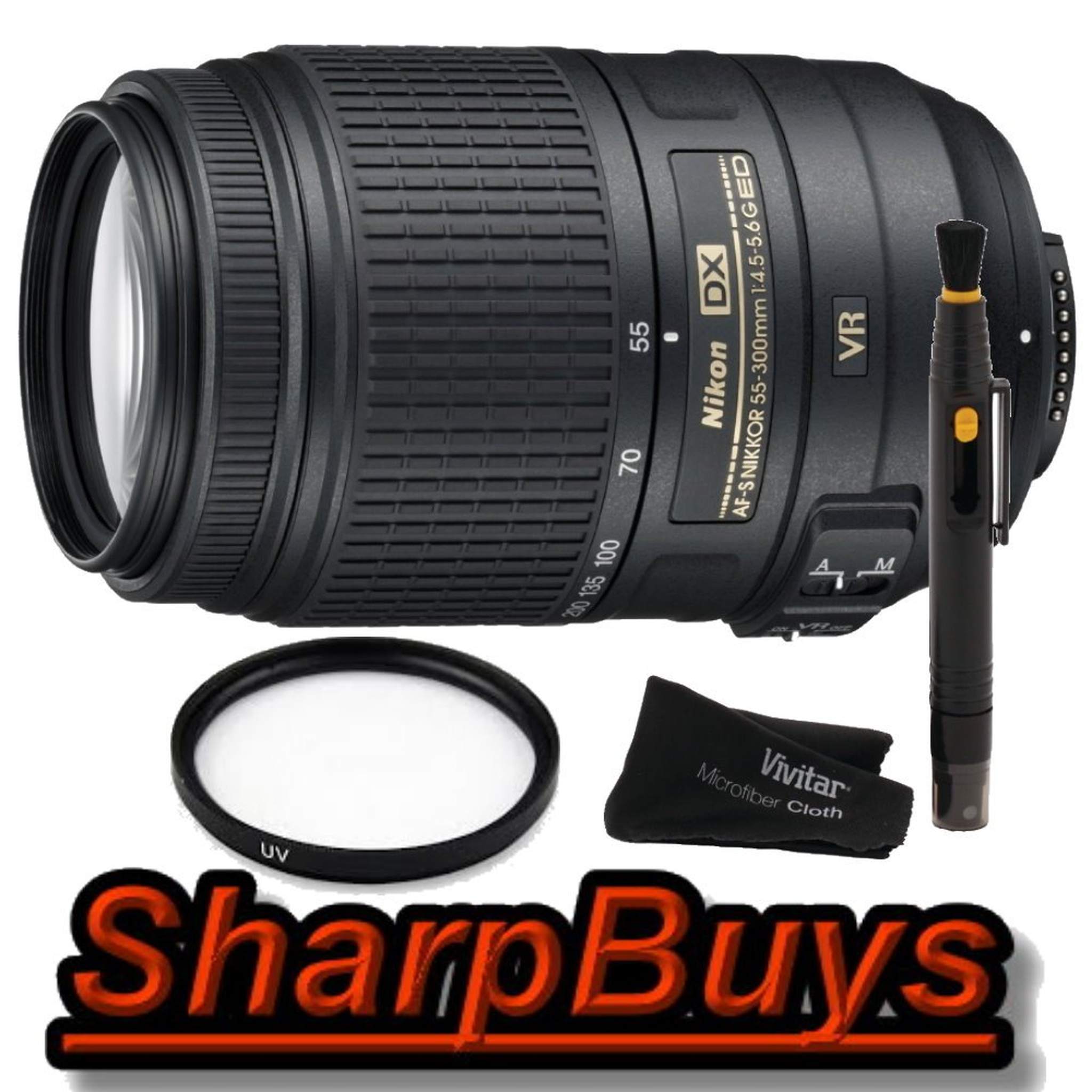 55-300mm f/4.5-5.6G ED VR AF-S DX Zoom-Nikkor Vibration Reduction Lens + Ultra-Violet UV Filter + Lens Cleaning Pen + Sharp Buys Microfiber Cleaning Cloth for Digital SLR Cameras SharpBuys