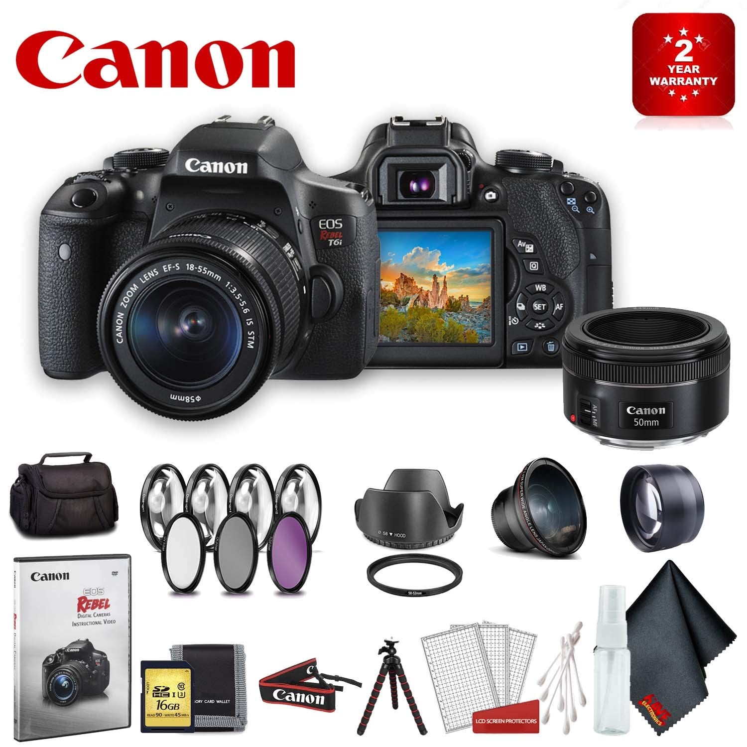 Canon EOS Rebel T6i DSLR Camera with 18-55mm Lens (International Model) Advanced Accessory Bundle w/ 50 mm Lens