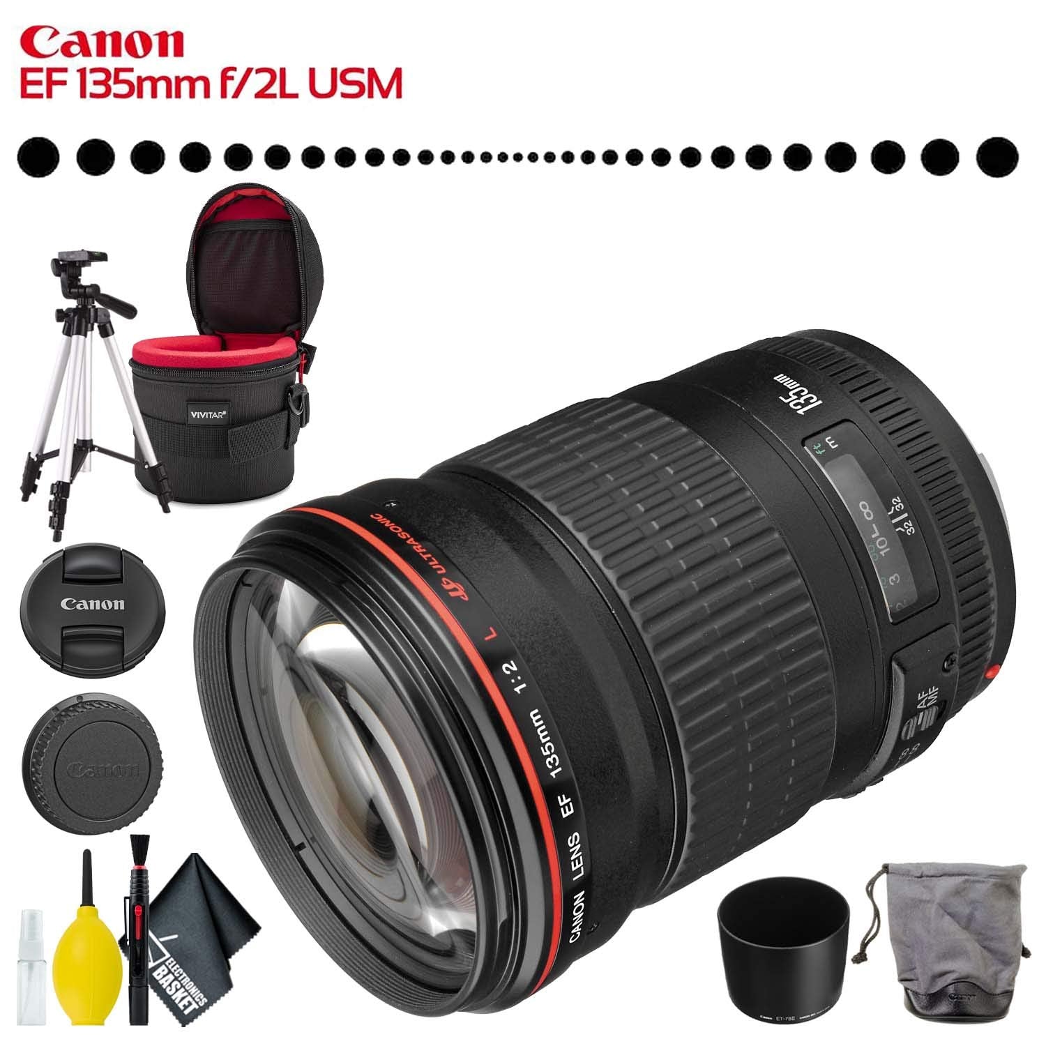 Canon EF 135mm f/2L USM Lens (Intl Model) with Lens Case, Tripod and Cleaning Kit