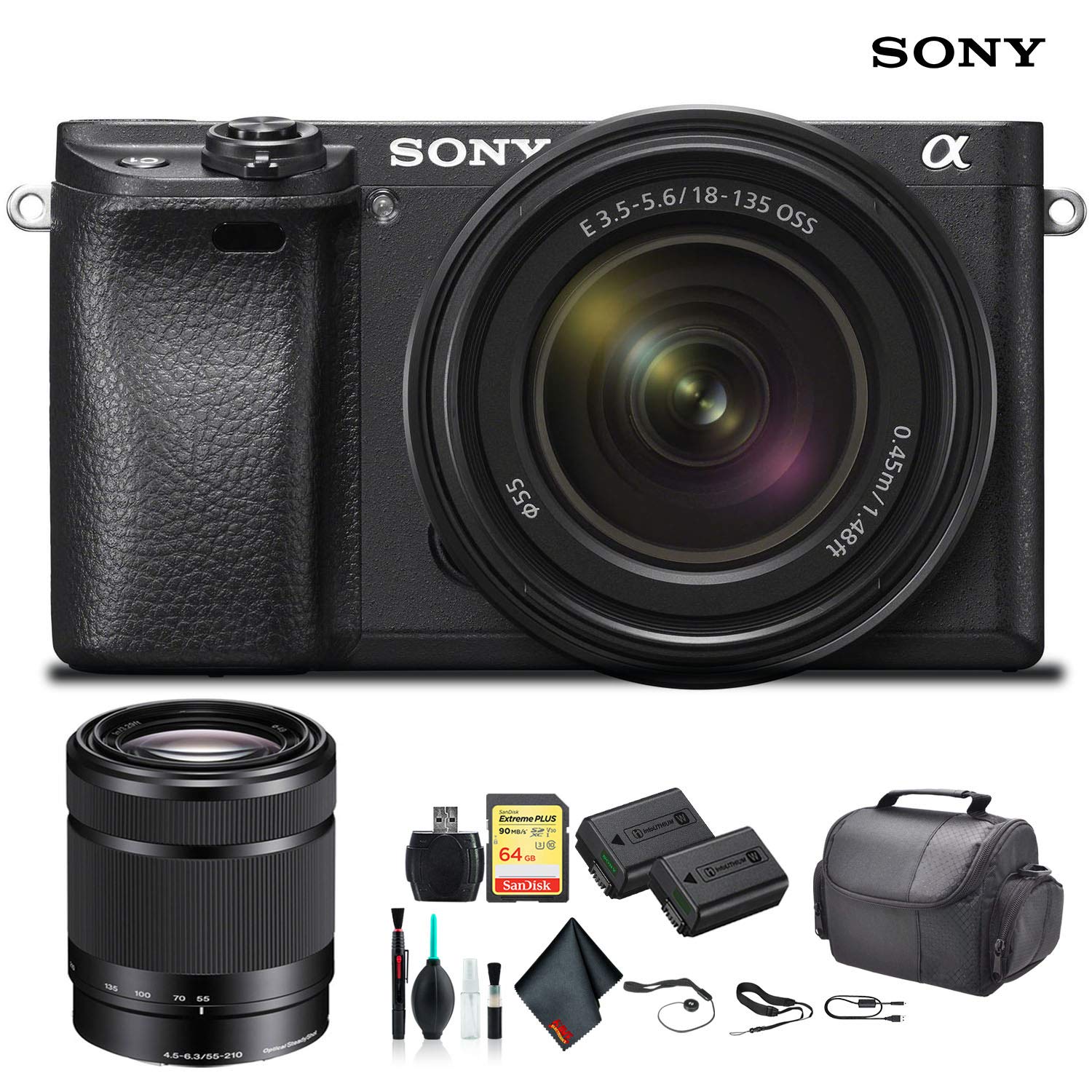 Sony Alpha a6300 Mirrorless Camera with 18-135mm Lens Black ILCE-6300M/B With Sony 55-210mm Lens, Soft Bag, Additional Battery, 64GB Memory Card, Card Reader , Plus Essential Accessories