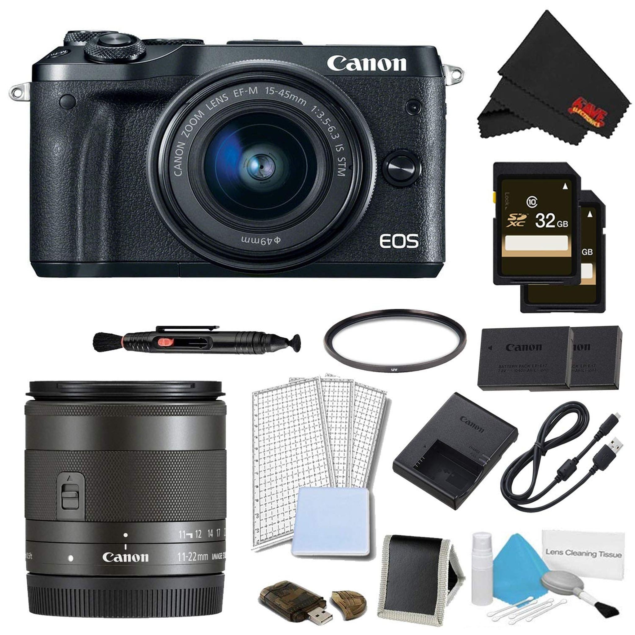 Canon EOS M6 Mirrorless Digital Camera with 15-45mm Lens Black Pro Bundle w/Bonus EF-M 11-22MM Lens - International Mo Canon