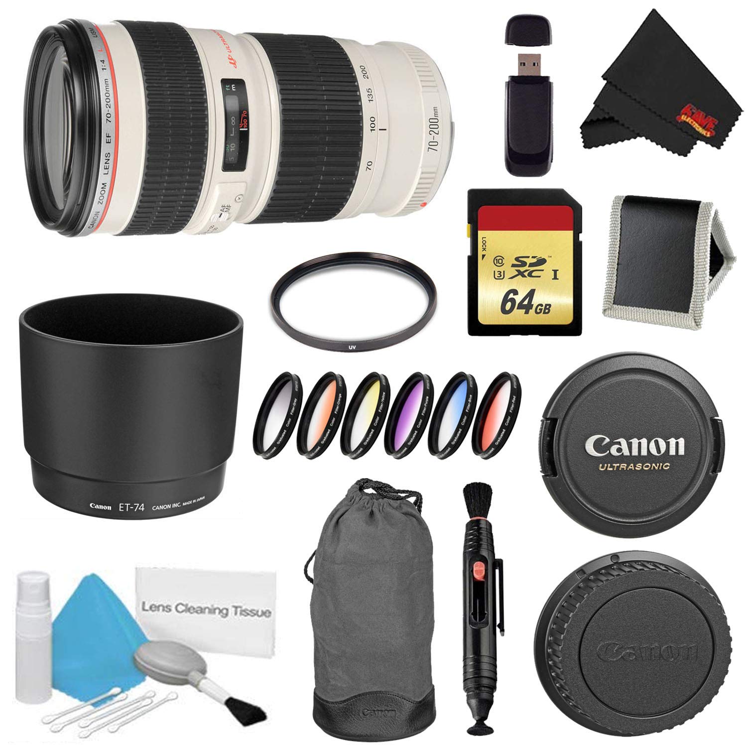 Canon EF 70-200mm f/4L USM Lens Bundle w/ 64GB Memory Card + Accessories, UV Filter Color Multicoated 6 Piece Filter Kit