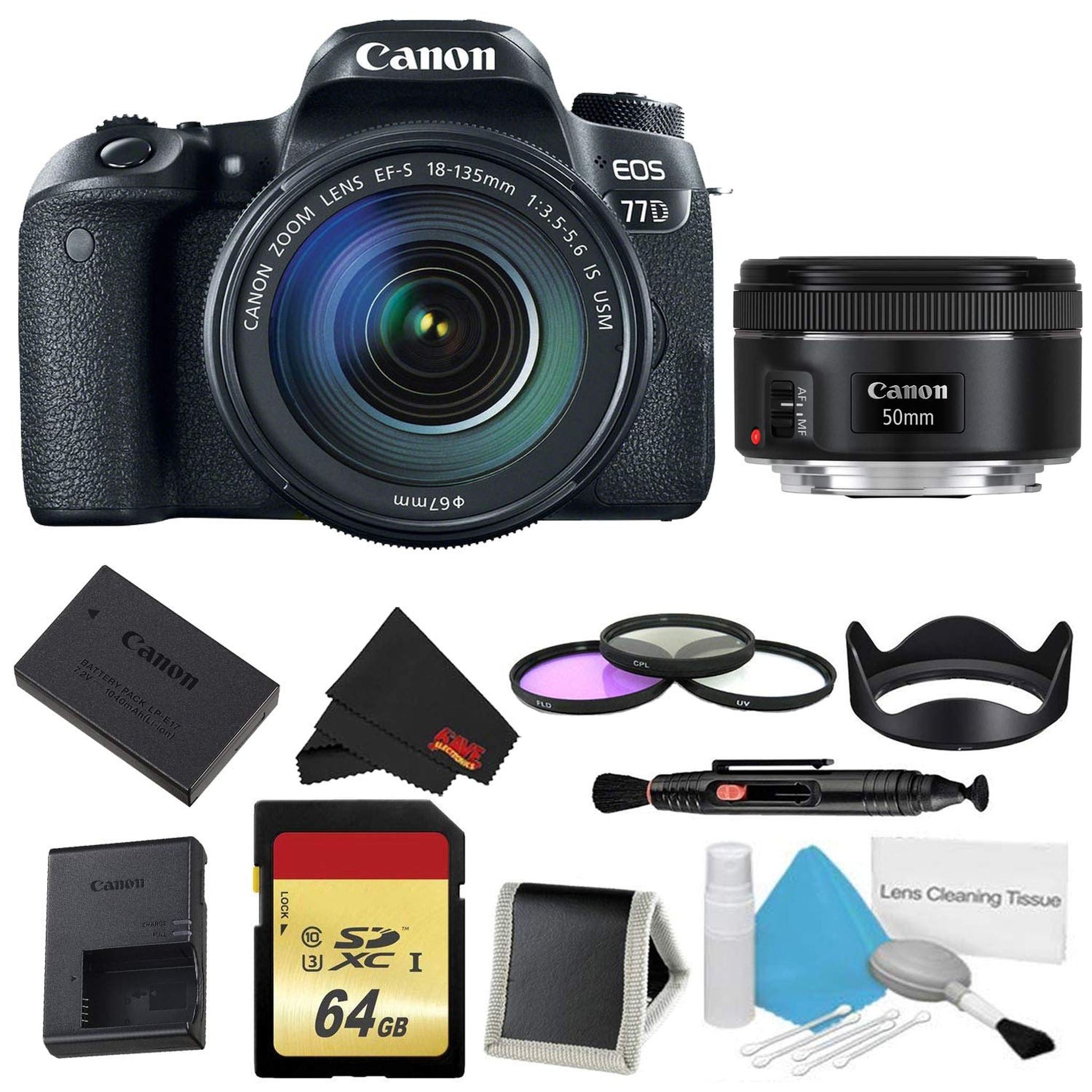 Canon EOS 77D DSLR Camera with 18-135mm Lens Bundle w/ 3 Piece Filter & Memory Kit + Bonus 50mm Lens International Mode Canon
