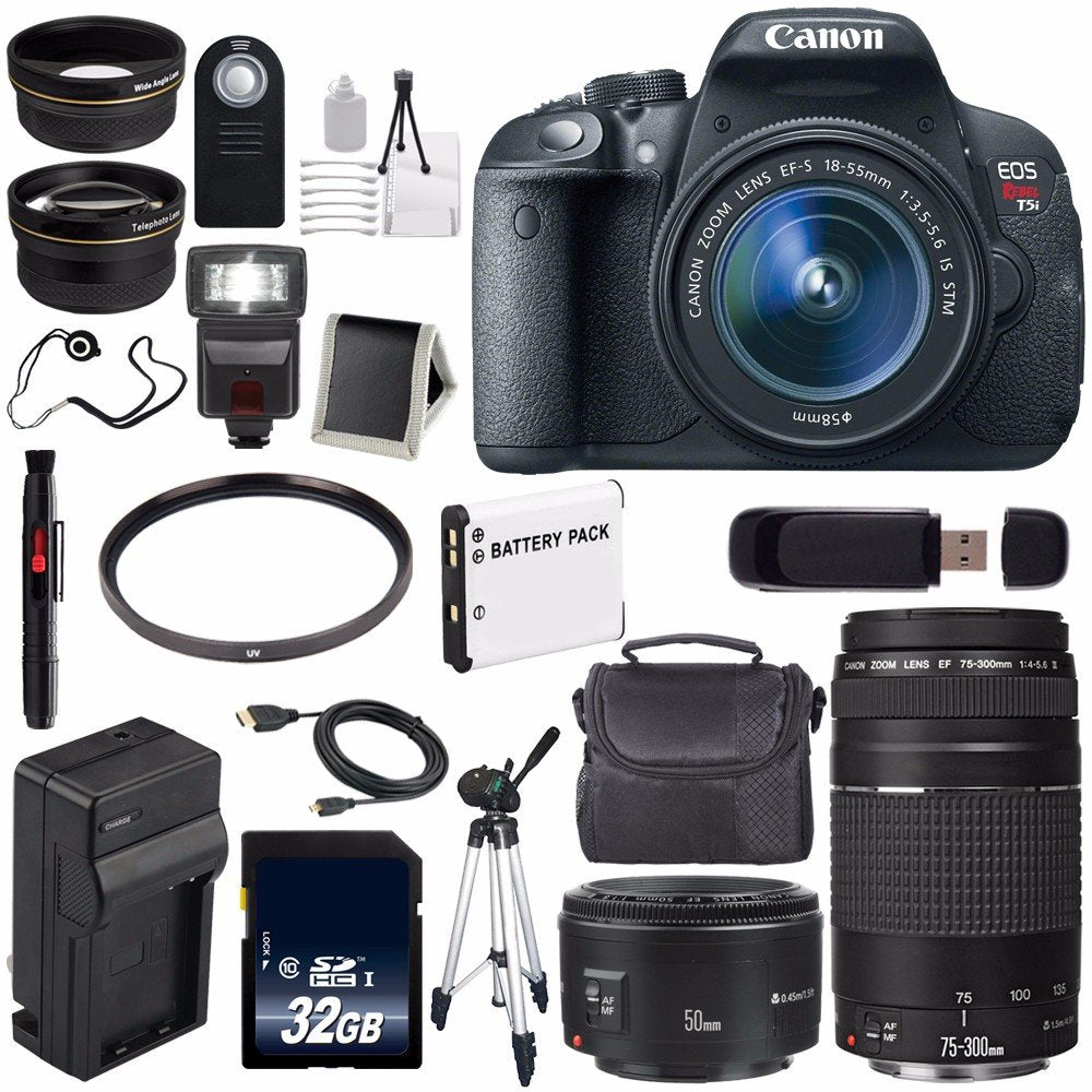 Canon EOS Rebel T5i 18 MP CMOS Digital SLR Camera w/EF-S 18-55mm f/3.5-5.6 Lens (International Model) + EF 50mm f/1.8 II