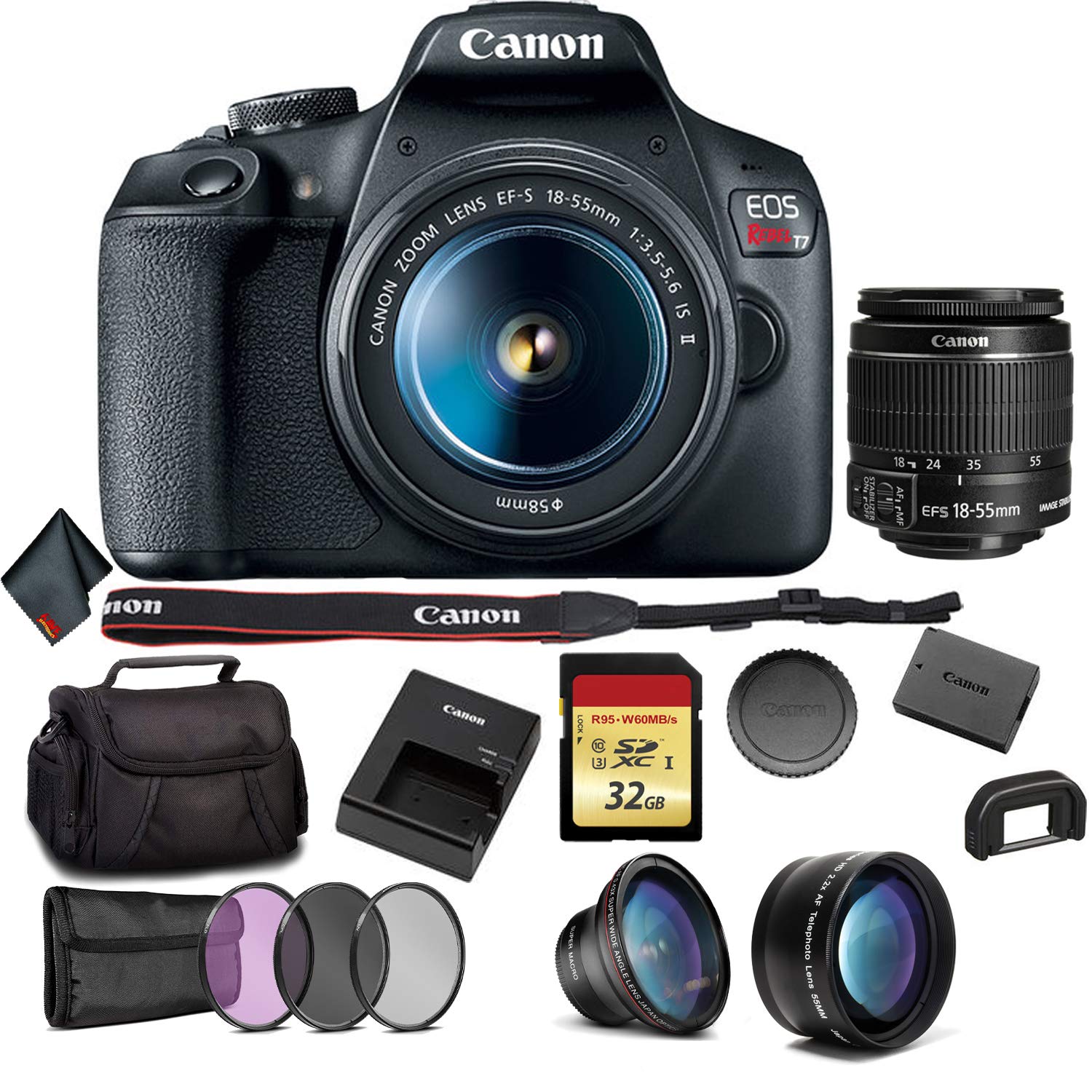 Canon EOS Rebel T7 DSLR Camera with 18-55mm Lens Bundle with 32GB Memory Card + 3pc Filter Kit + Angle Lens + Telephoto