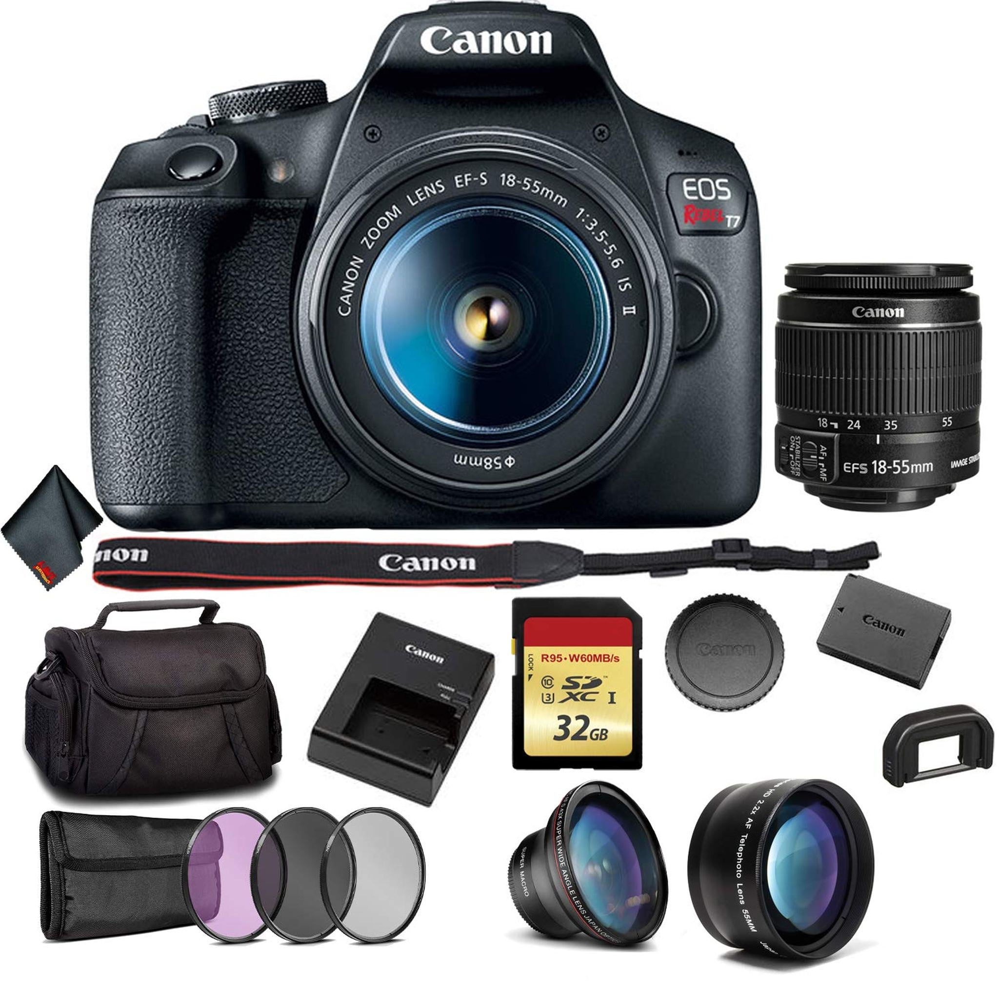 Canon EOS Rebel T7 DSLR Camera with 18-55mm Lens Bundle with 32GB Memory Card + 3pc Filter Kit + Angle Lens + Telephoto - Used Canon