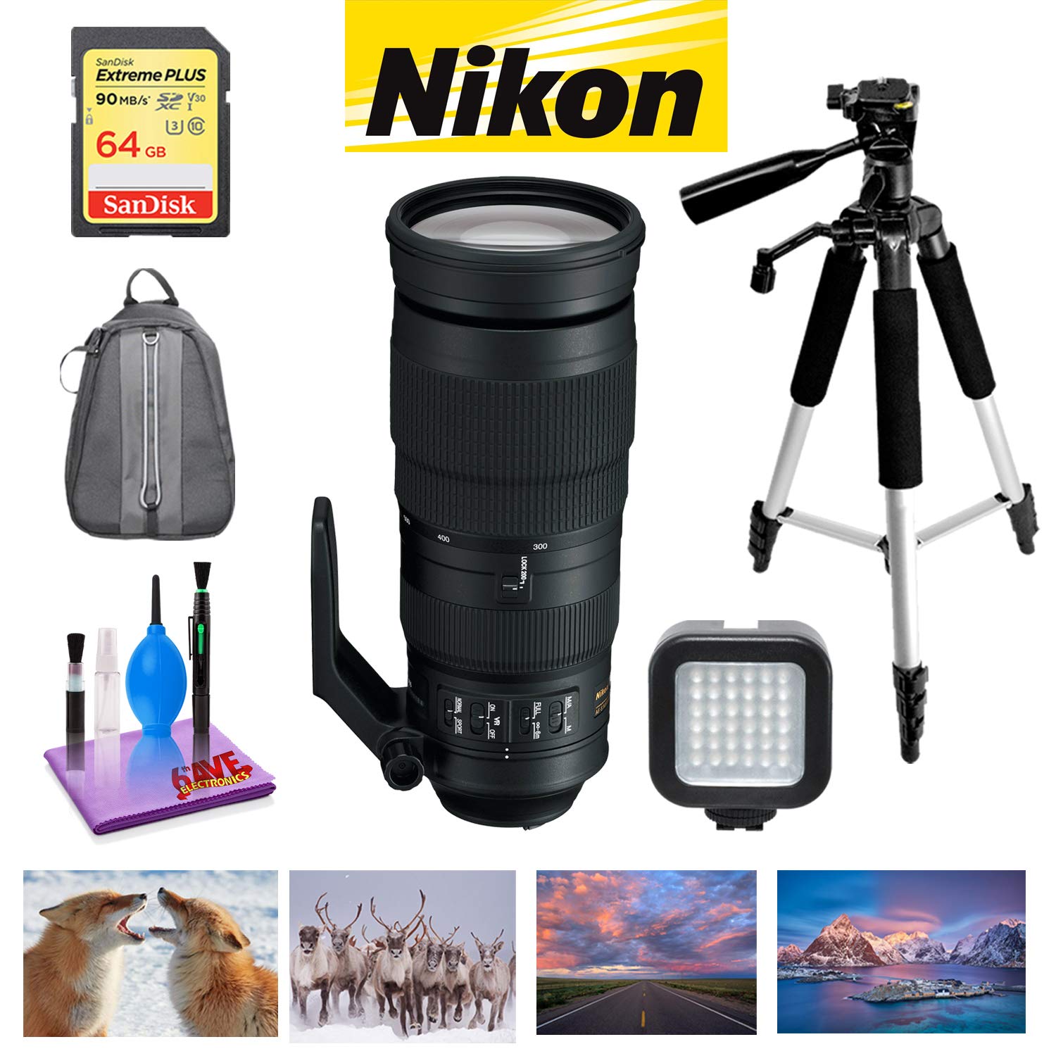 Nikon AF-S NIKKOR 200-500mm f/5.6E ED VR Lens with Sandisk 64GB Memory, Portable LED Light, and Deluxe Padded Backpack