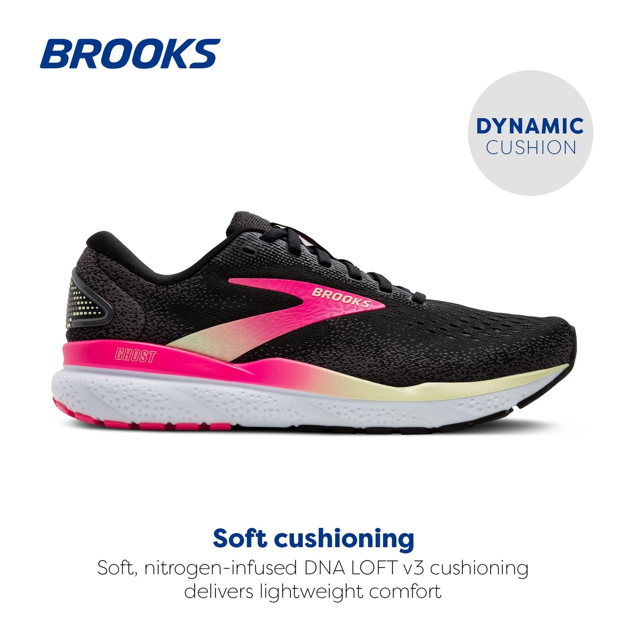Brooks Women’s Ghost 16 Neutral Running Shoe - Black/Pink/Yellow - 6 Wide
