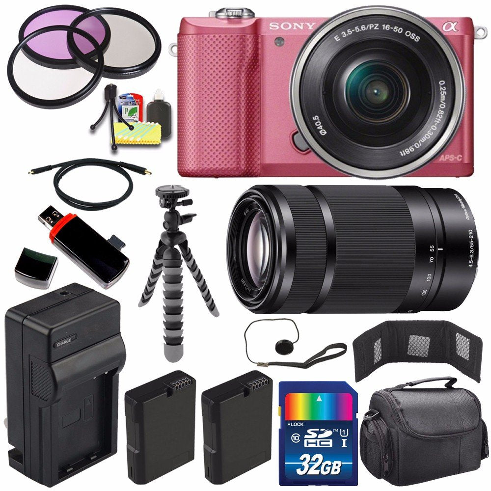 Sony Alpha a5000 Mirrorless Digital Camera with 16-50mm Lens (Pink) + Sony E 55-210mm f/4.5-6.3 OSS E-Mount Lens 32GB Bu