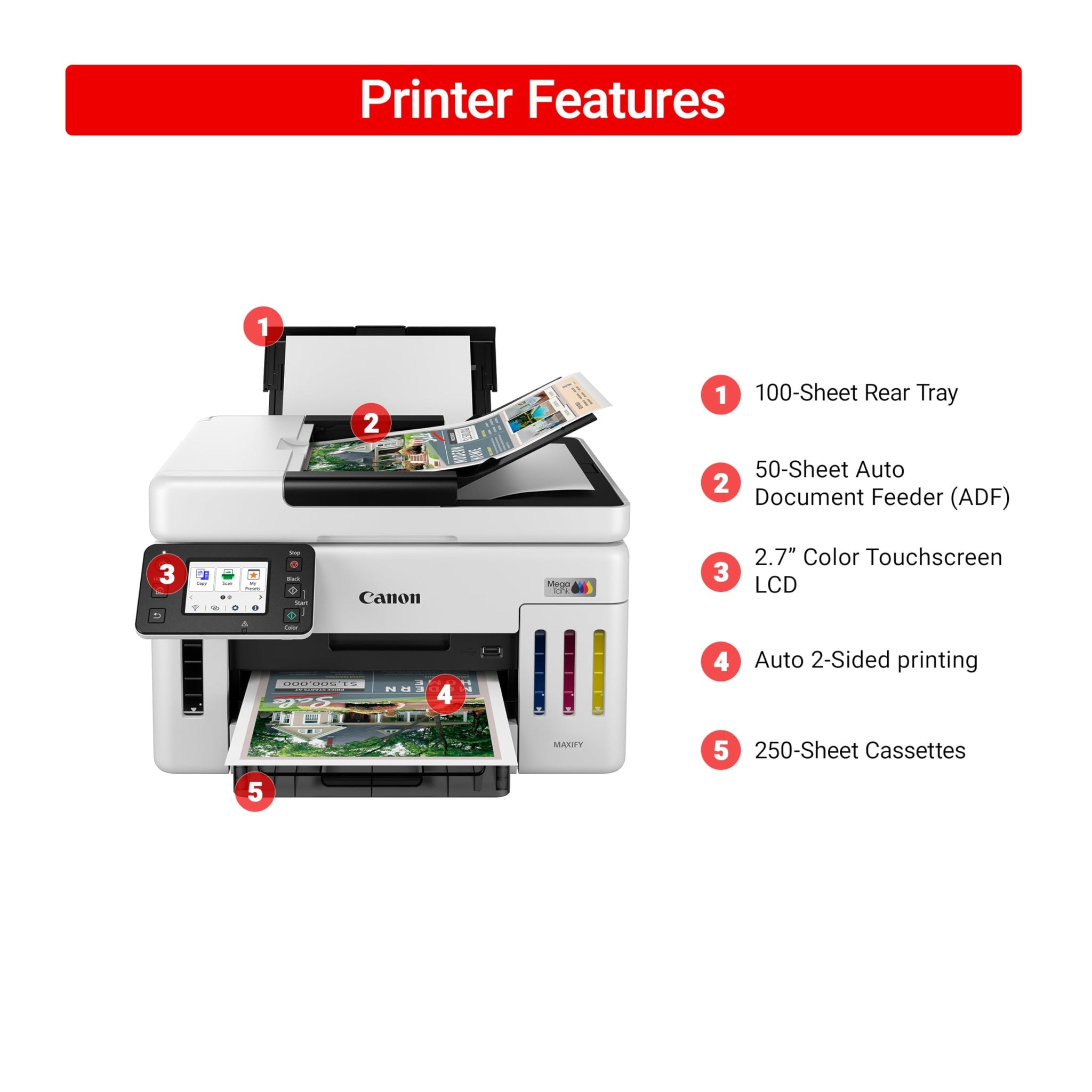 Canon Megatank GX6120 Wireless All-in-One Printer, Print, Scan and Copy, with 2.7" LCD Touch Screen and Auto Document Feeder, White
