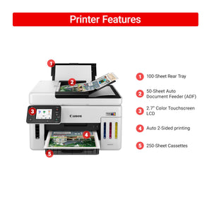 Canon Megatank GX6120 Wireless All-in-One Printer, Print, Scan and Copy, with 2.7" LCD Touch Screen and Auto Document Feeder, White