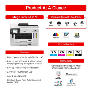 Canon Megatank GX6120 Wireless All-in-One Printer, Print, Scan and Copy, with 2.7" LCD Touch Screen and Auto Document Feeder, White