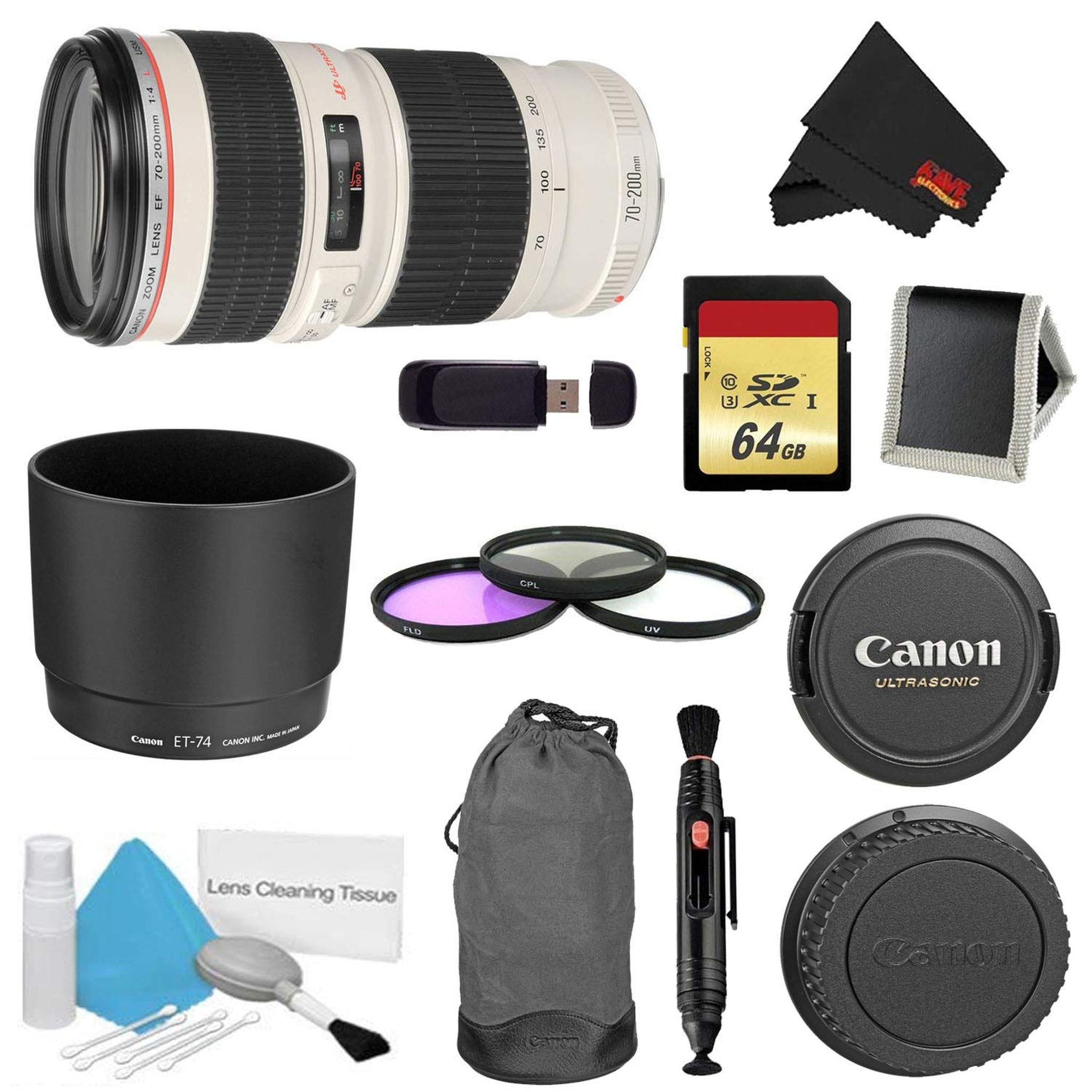 Canon EF 70-200mm f/4L USM Lens Bundle w/ 64GB Memory Card + Accessories 3 Piece Filter Kit International Model Canon