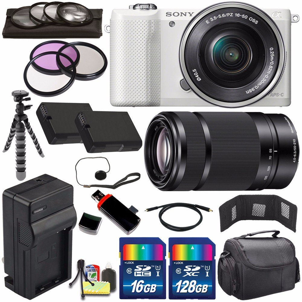 Sony Alpha a5000 Mirrorless Digital Camera with 16-50mm Lens (White) + Sony E 55-210mm f/4.5-6.3 OSS E-Mount Lens 144GB