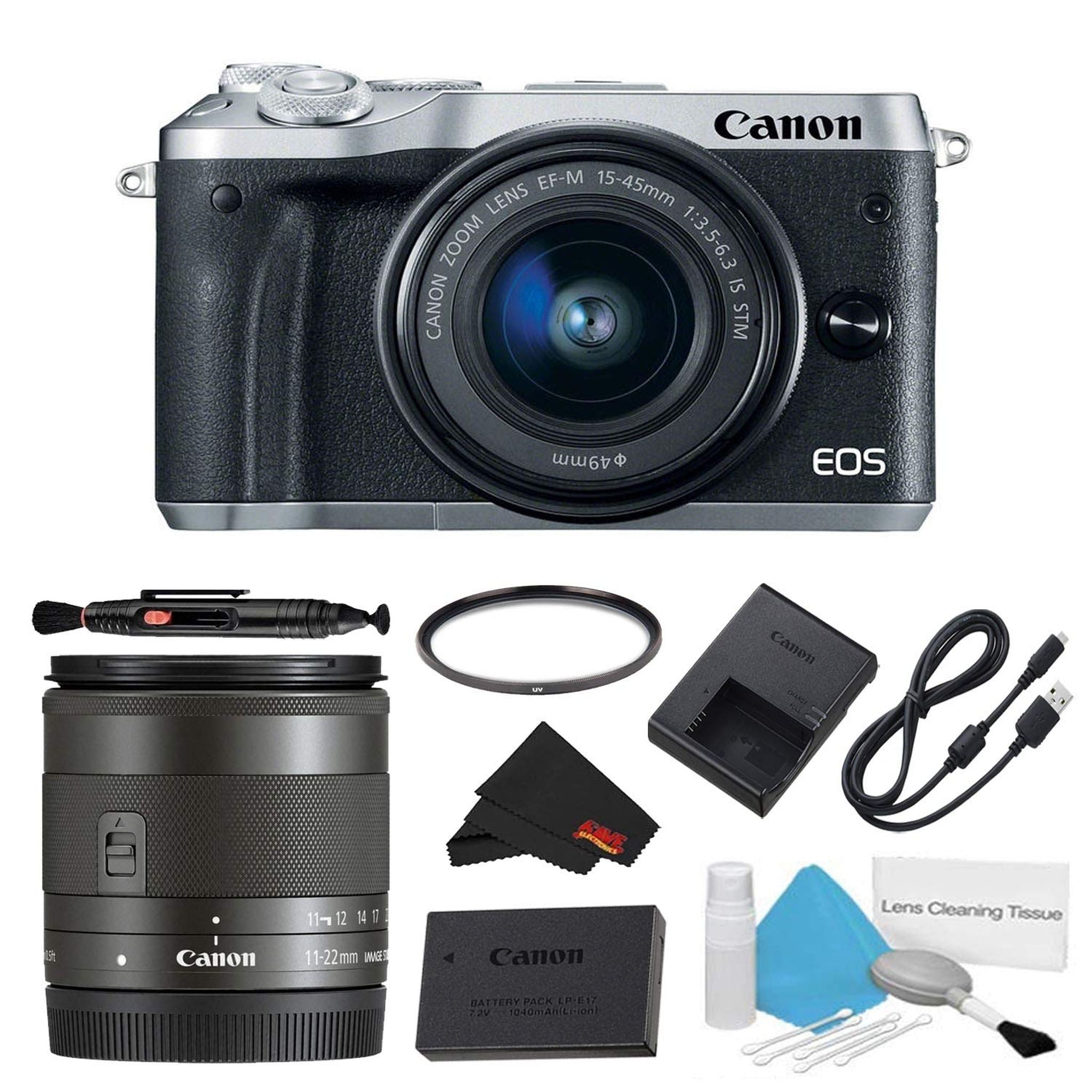 Canon EOS M6 Mirrorless Digital Camera with 15-45mm Lens Silver Basic Bundle w/Bonus EF-M 11-22MM Lens - International Canon