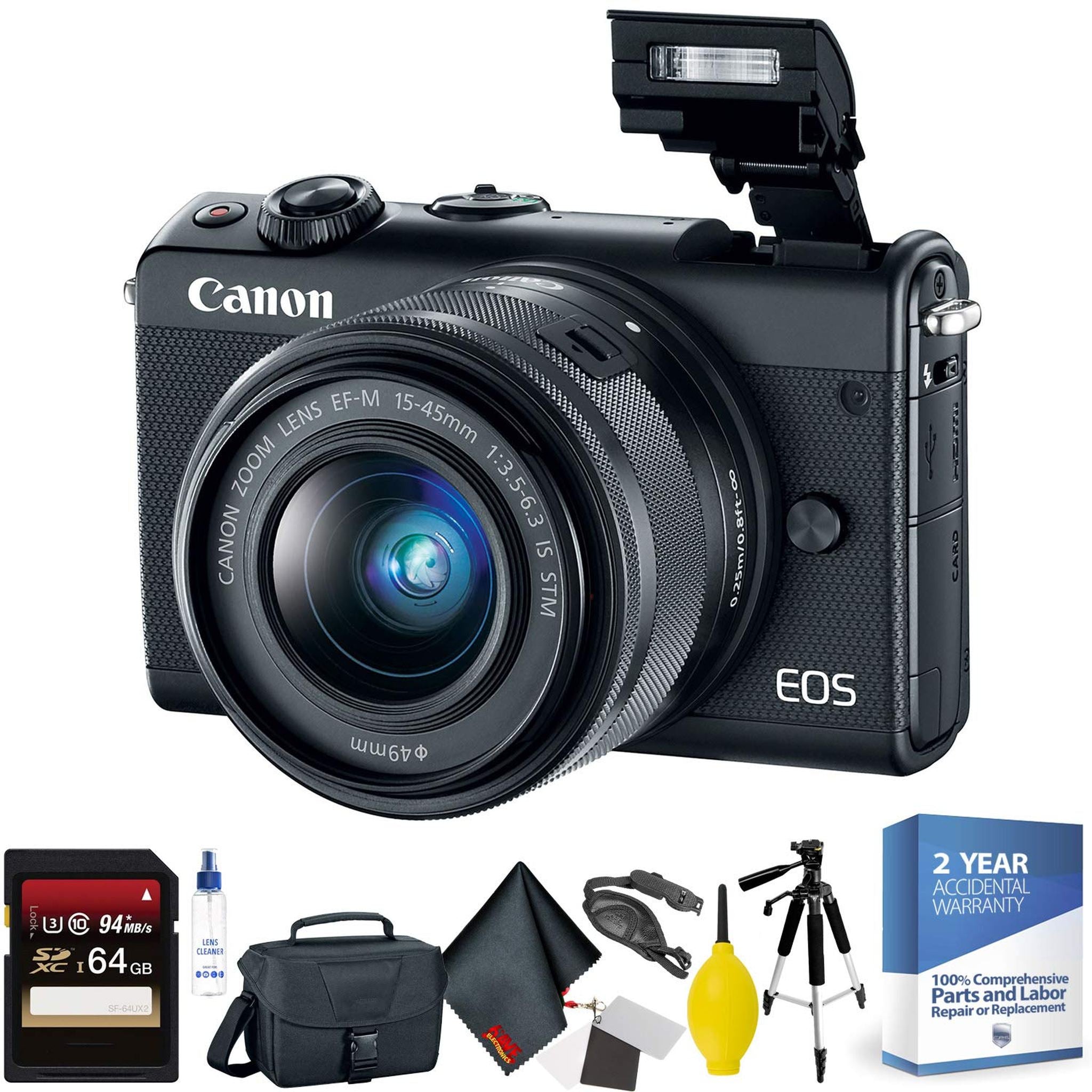 Canon EOS M100 Mirrorless Digital Camera with 15-45mm Lens Black + 64GB Memory Card + Mega Accessory Kit + 2 Year Acci