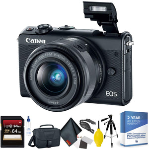 Canon EOS M100 Mirrorless Digital Camera with 15-45mm Lens Black + 64GB Memory Card + Mega Accessory Kit + 2 Year Acci