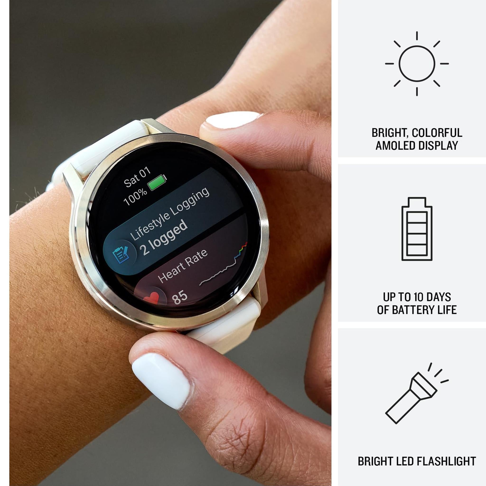 Garmin Venu® 4, 41mm, Advanced Health and Fitness GPS Smartwatch, Bright and Colorful Display, Built-in Flashlight, 10 Days of Battery Life, Silver with Periwinkle Silicone Band