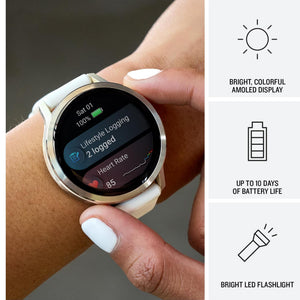 Garmin Venu® 4, 41mm, Advanced Health and Fitness GPS Smartwatch, Bright and Colorful Display, Built-in Flashlight, 10 Days of Battery Life, Silver with Periwinkle Silicone Band