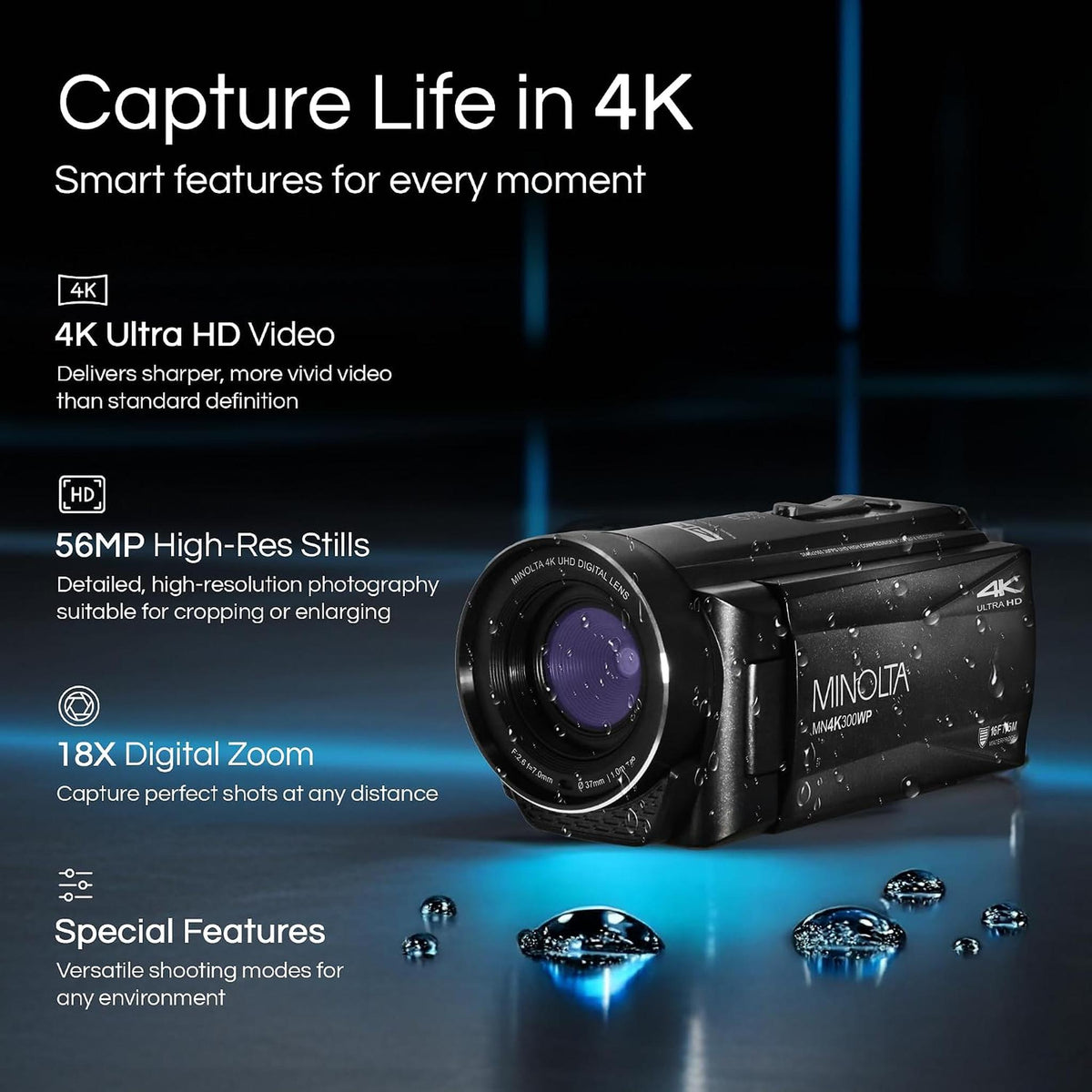 Minolta MN4K300WP 4K Ultra HD / 56 MP Waterproof Camcorder - Black