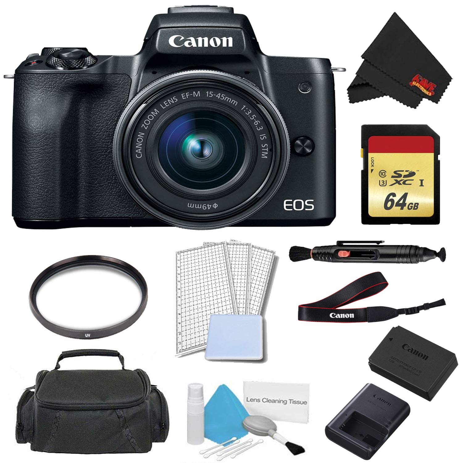 Canon EOS M50 Mirrorless Digital Camera with 15-45mm Lens Black Advanced Bundle w/ 64GB Memory Card - International Mo