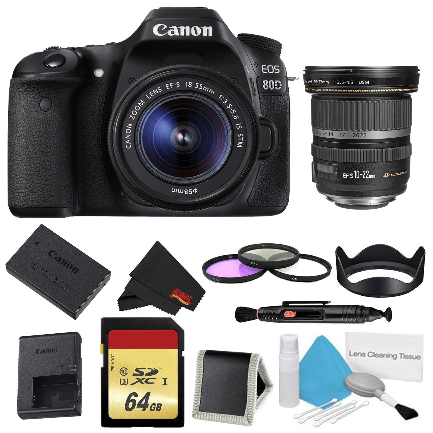Canon EOS 80D DSLR Camera with 18-55mm Lens Bundle w/ 3 Piece Filter & Memory Kit + 10-22mm Lens (International Model)