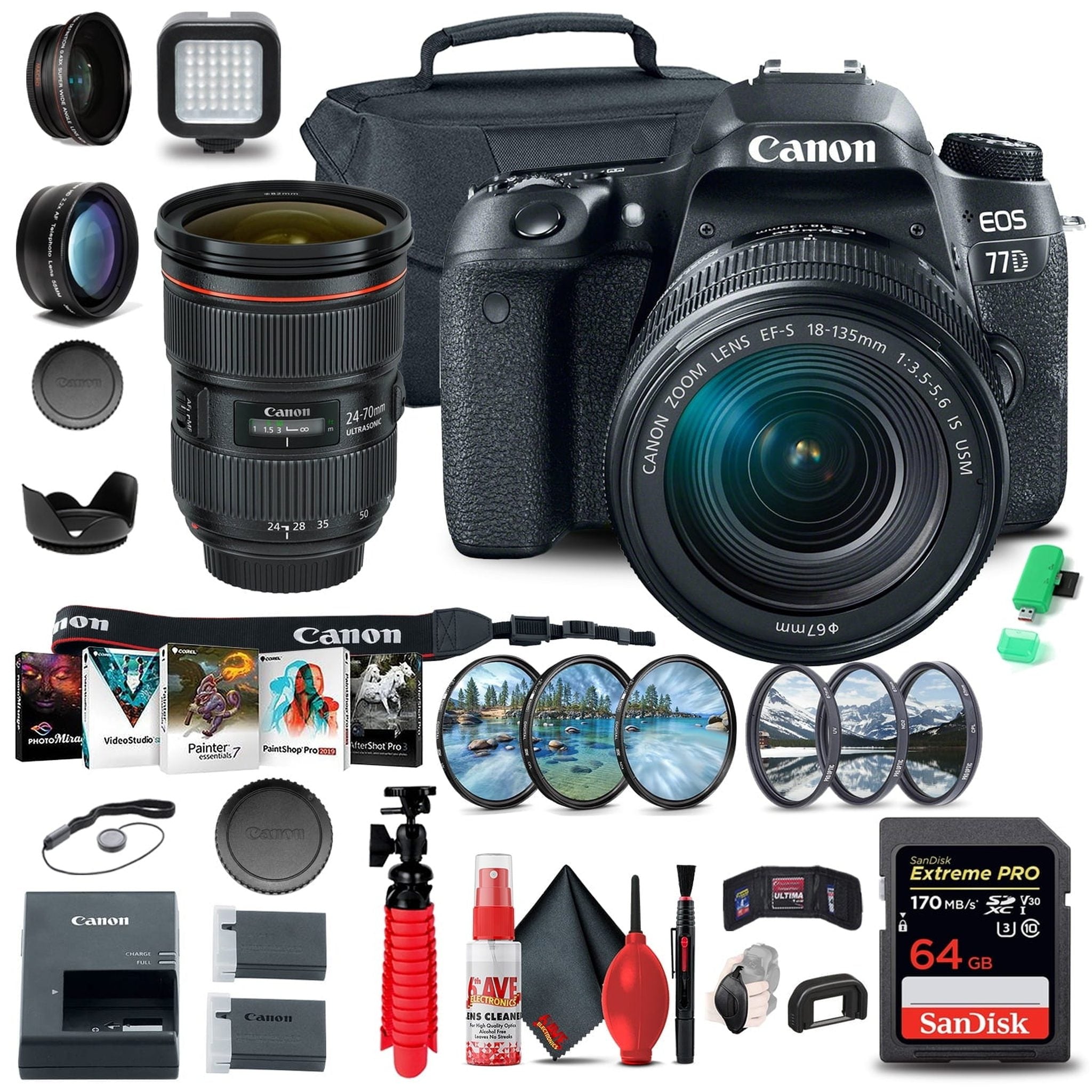 Canon EOS 77D DSLR Camera with 18-135mm USM Lens 1892C002 + EF 24-70mm + More Canon