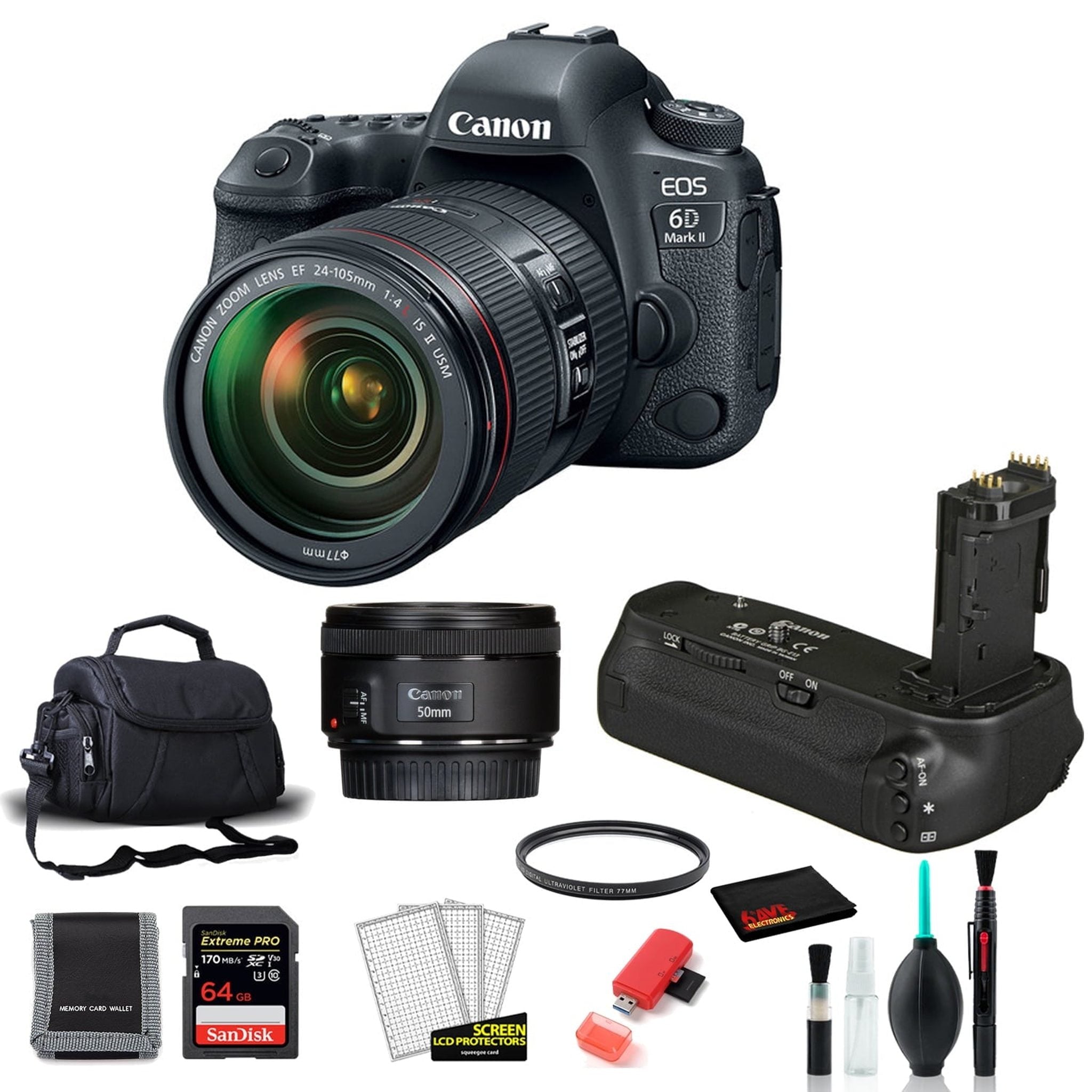Canon 6D Mark II Camera with 24-105mm Lens Kit with EF 50mm STM Lens + More Canon