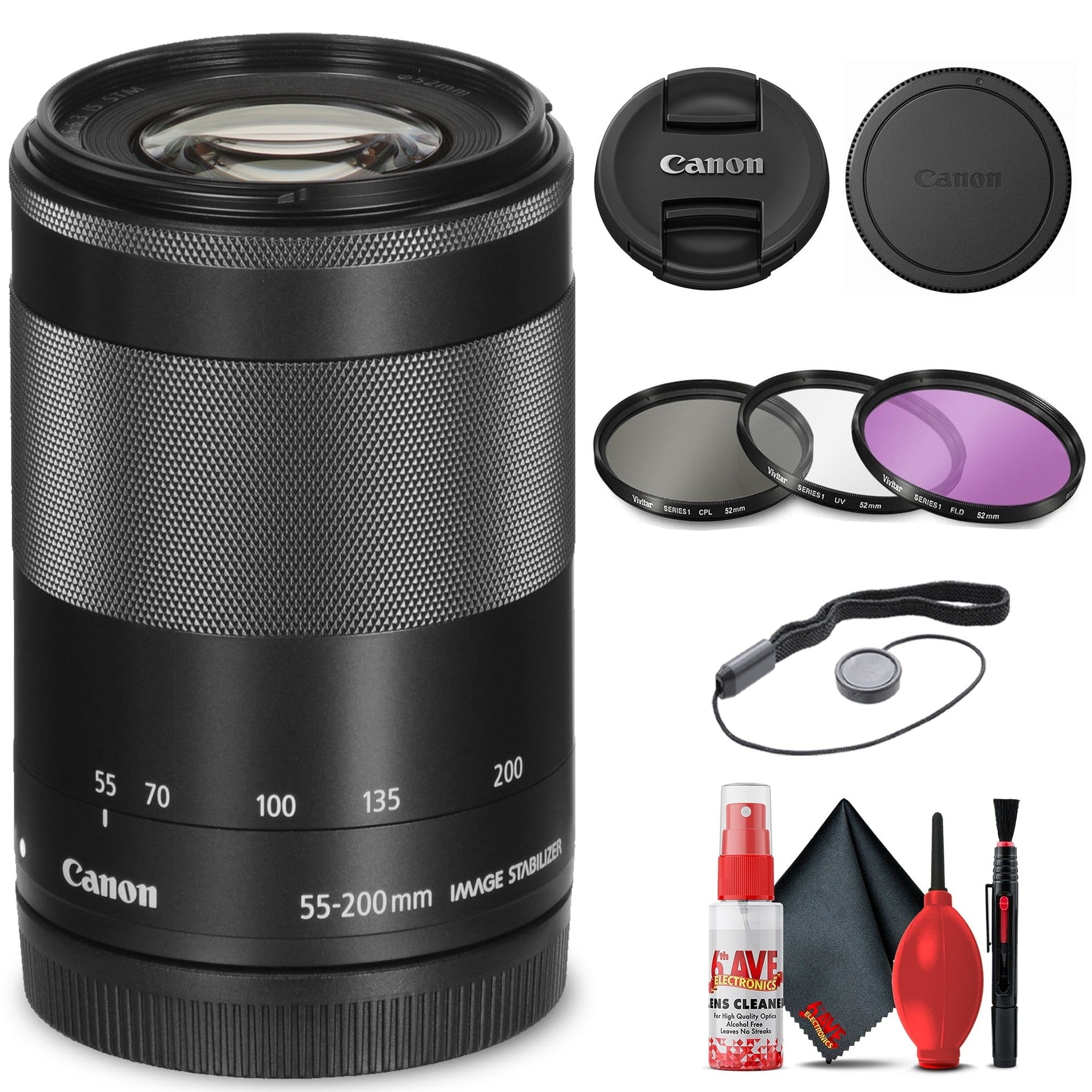 Canon EF-M 55-200mm f/4.5-6.3 IS STM Lens Black 9517B002 + Filter Kit Base Bundle
