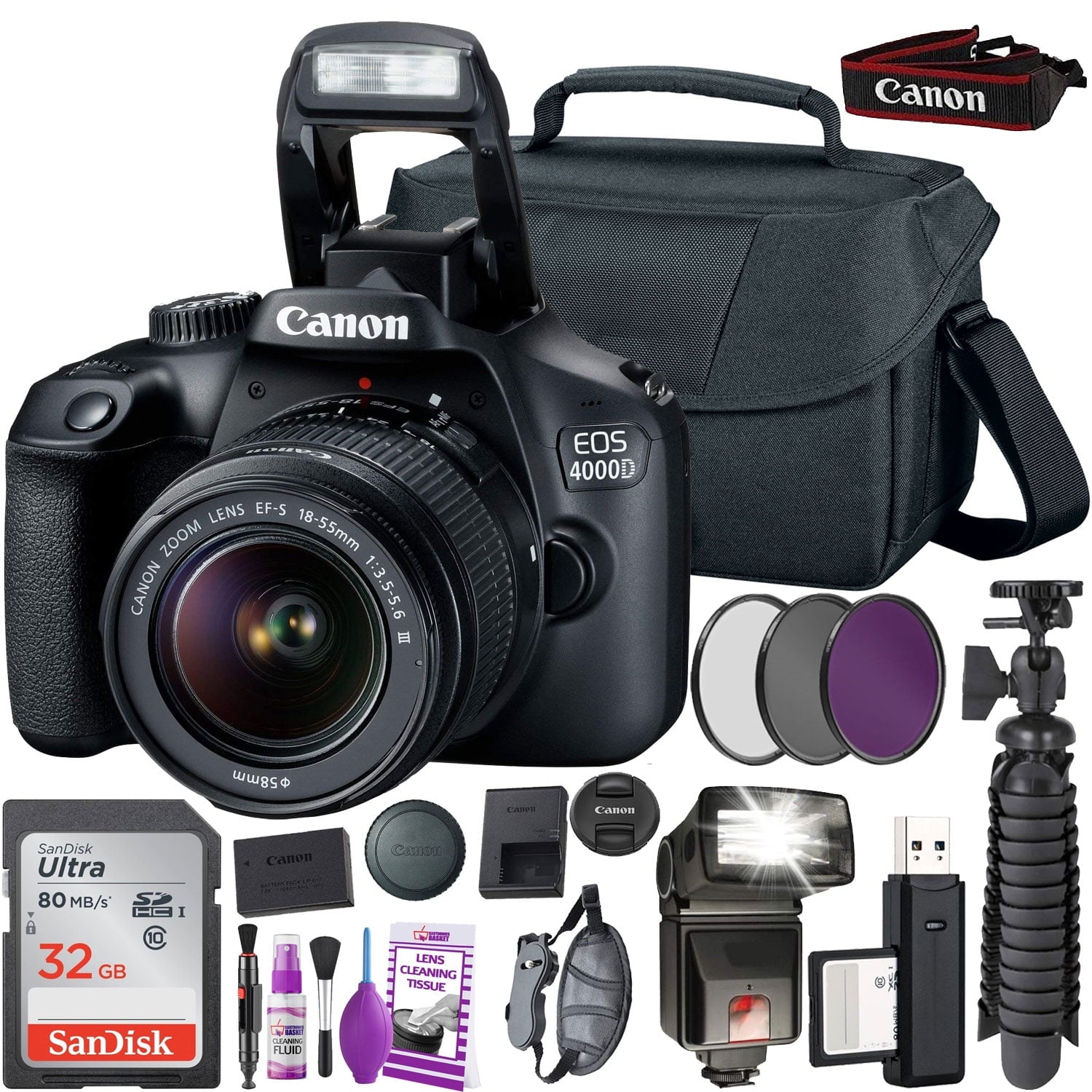 Canon EOS 4000D DSLR Camera & EF-S 18-55 mm f/3.5-5.6 III Lens + 64GB Memory Card + Camera Bag + Cleaning Kit + Table Tripod