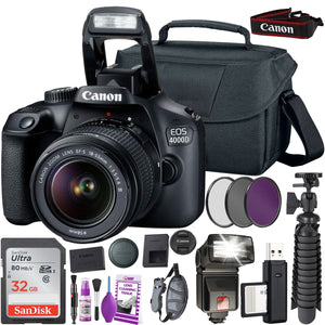 Canon EOS 4000D DSLR Camera & EF-S 18-55 mm f/3.5-5.6 III Lens + 64GB Memory Card + Camera Bag + Cleaning Kit + Table Tripod