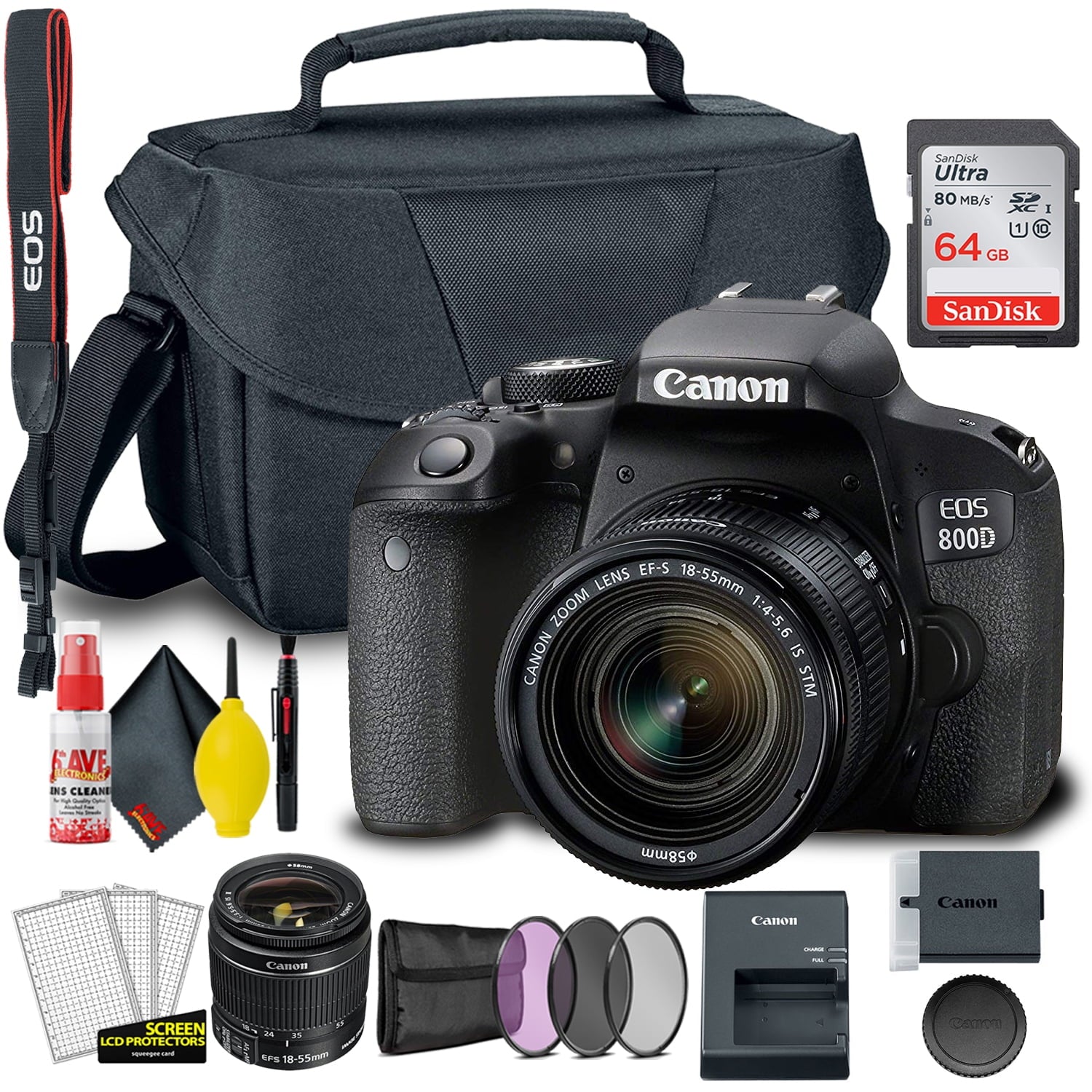 Canon EOS 800D / Rebel T7i DSLR Camera with 18-55mm Lens + Creative Filter Set, EOS Camera Bag + Sandisk Ultra 64GB Card + 6AVE Electronics Cleaning Set, And More International Model
