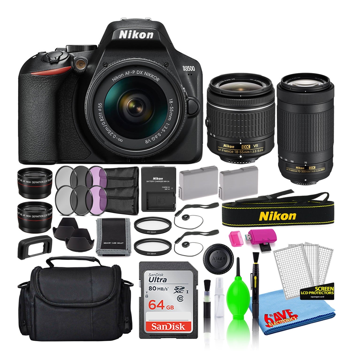 Nikon D3500 Digital Camera with Dual Lenses 1588 + 64GB Card + Case/Bag Intl