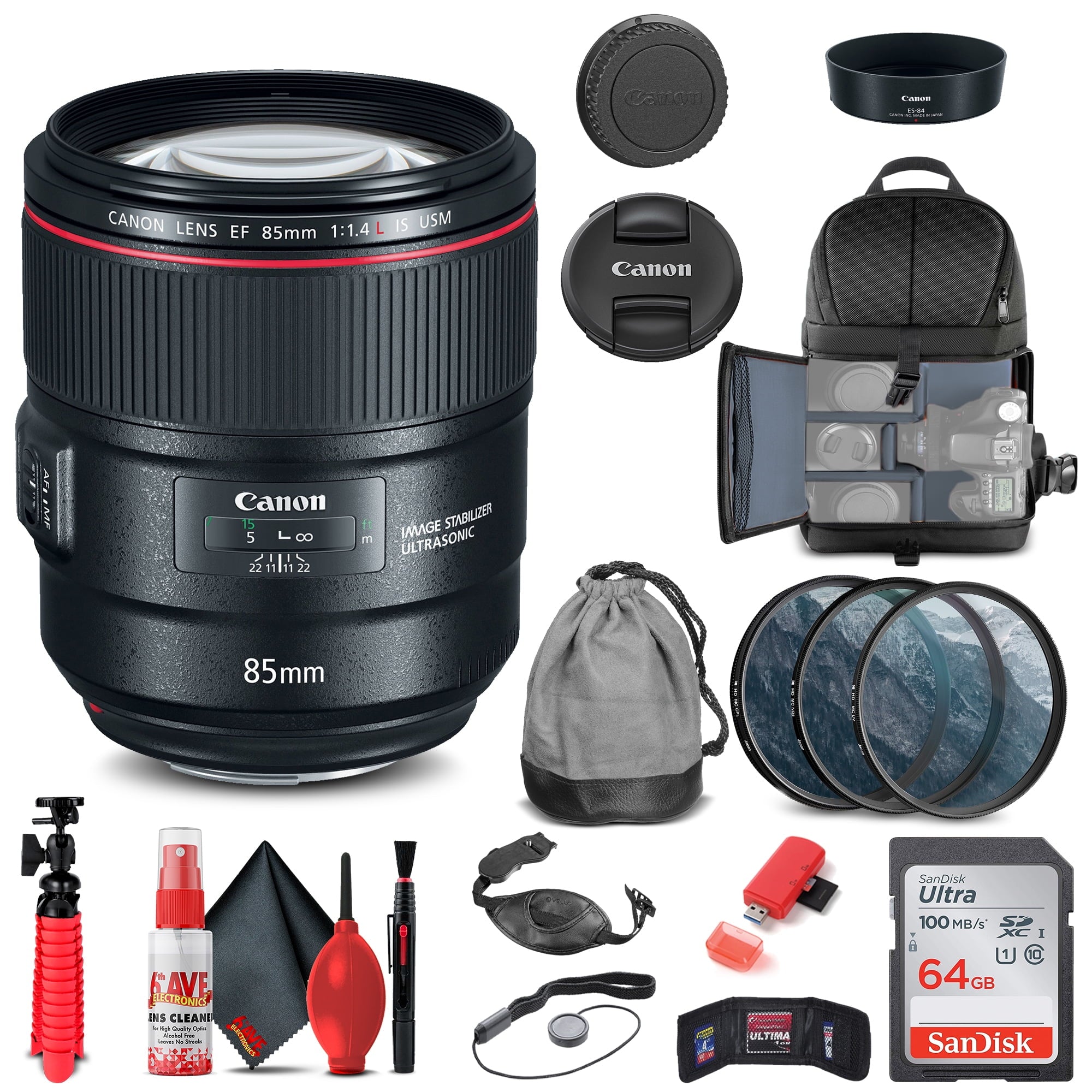 Canon EF 85mm f/1.4L IS USM Lens (2271C002) + Filter Kit + BackPack + More