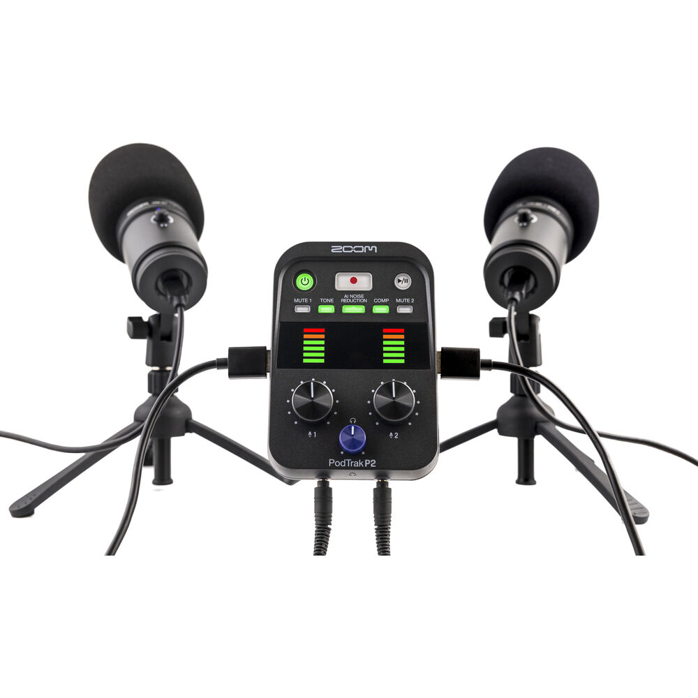 Zoom PodTrak P2 Dual USB Mic Recorder for Podcasters, 4xAA WITH CHARGER, Bundle
