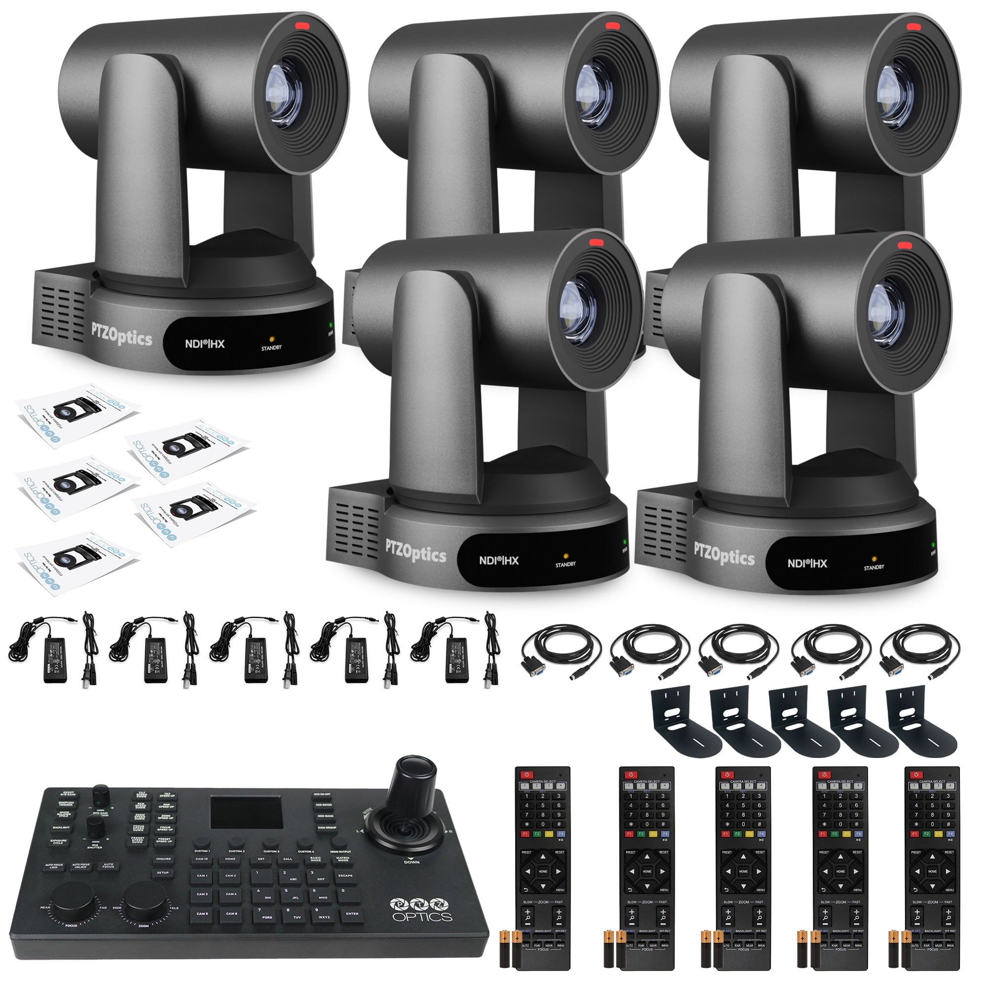 5 x PTZOptics Move 4K PTZ Camera with 30x Zoom Gray PT30X-4K-GY-G3 + SuperJoy PTZ Controller + 5 x Wall Mount
