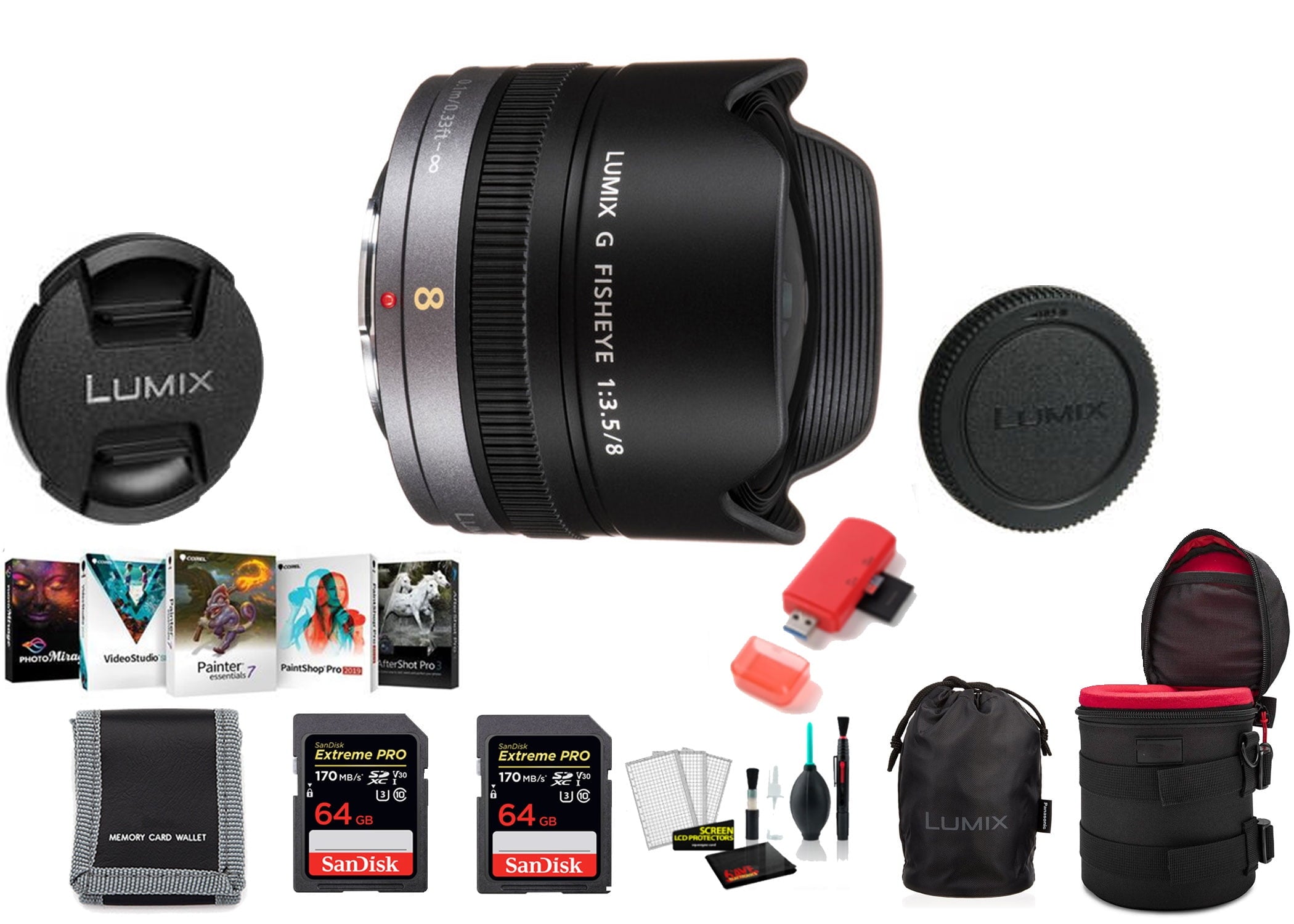 Panasonic Lumix G Fisheye 8mm f/3.5 Lens - Kit with 2x 64 Memory Cards and More