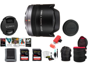 Panasonic Lumix G Fisheye 8mm f/3.5 Lens - Kit with 2x 64 Memory Cards and More