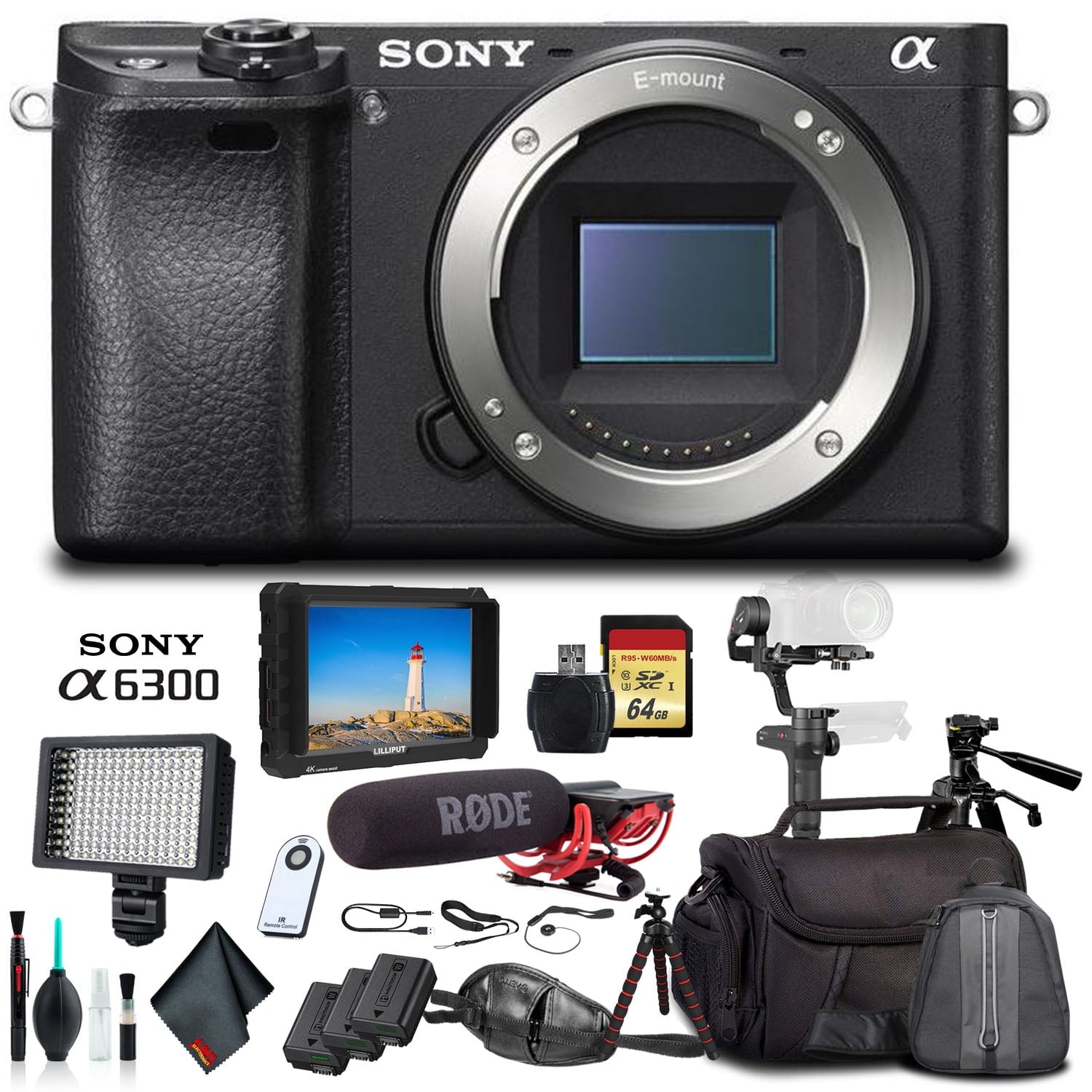 Sony Alpha a6300 Mirrorless Camera Black ILCE6300/B With Soft Bag, Zhiyun-Tech WEEBILL Stabilizer, Tripod, 2x Extra Batteries, Rode Mic, LED Light, 2x 64GB Cards, External 4K Monitor