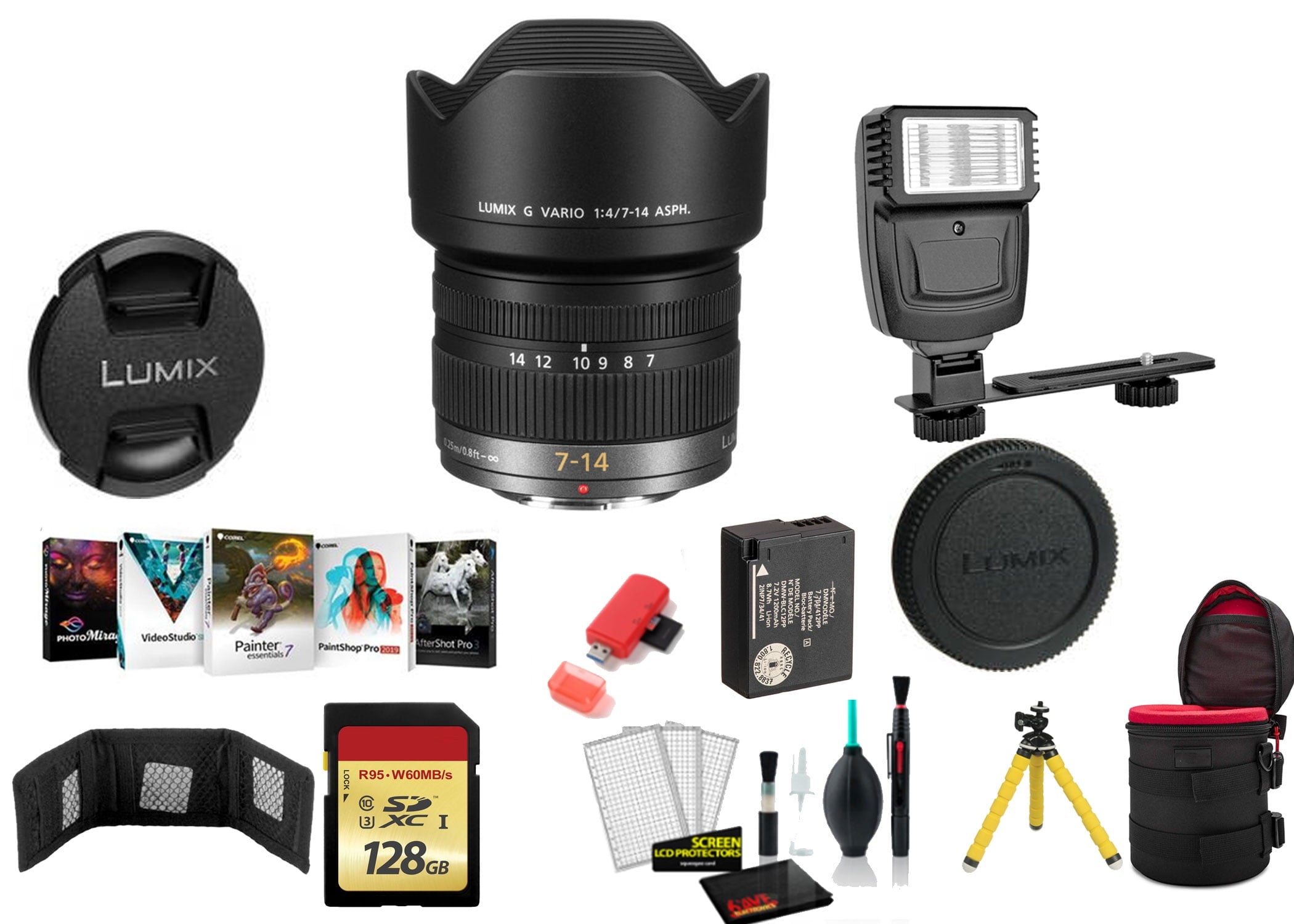 Panasonic Lumix G Vario 7-14mm f/4 ASPH. Lens with 128GB Memory Card and More International Model