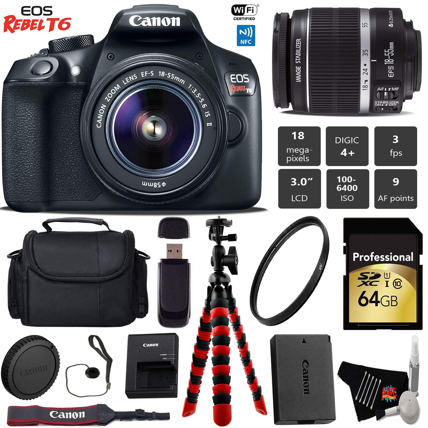Canon EOS Rebel T6 DSLR Camera with 18-55mm is II Lens + Flexible Tripod + UV Protection Filter + Professional Case + Ca